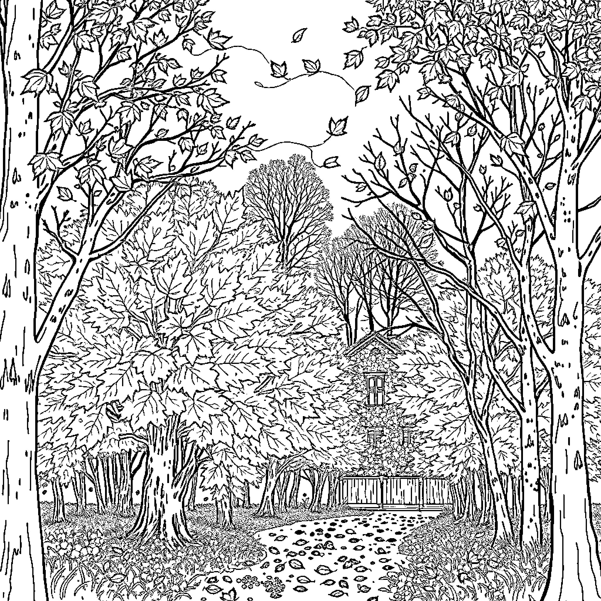 Autumn Landscape with Falling Leaves and Trees Coloring Page (free black-and-white line drawing printable PDF for all, from beginners to advanced learners, including children, teens, adults, and seniors)