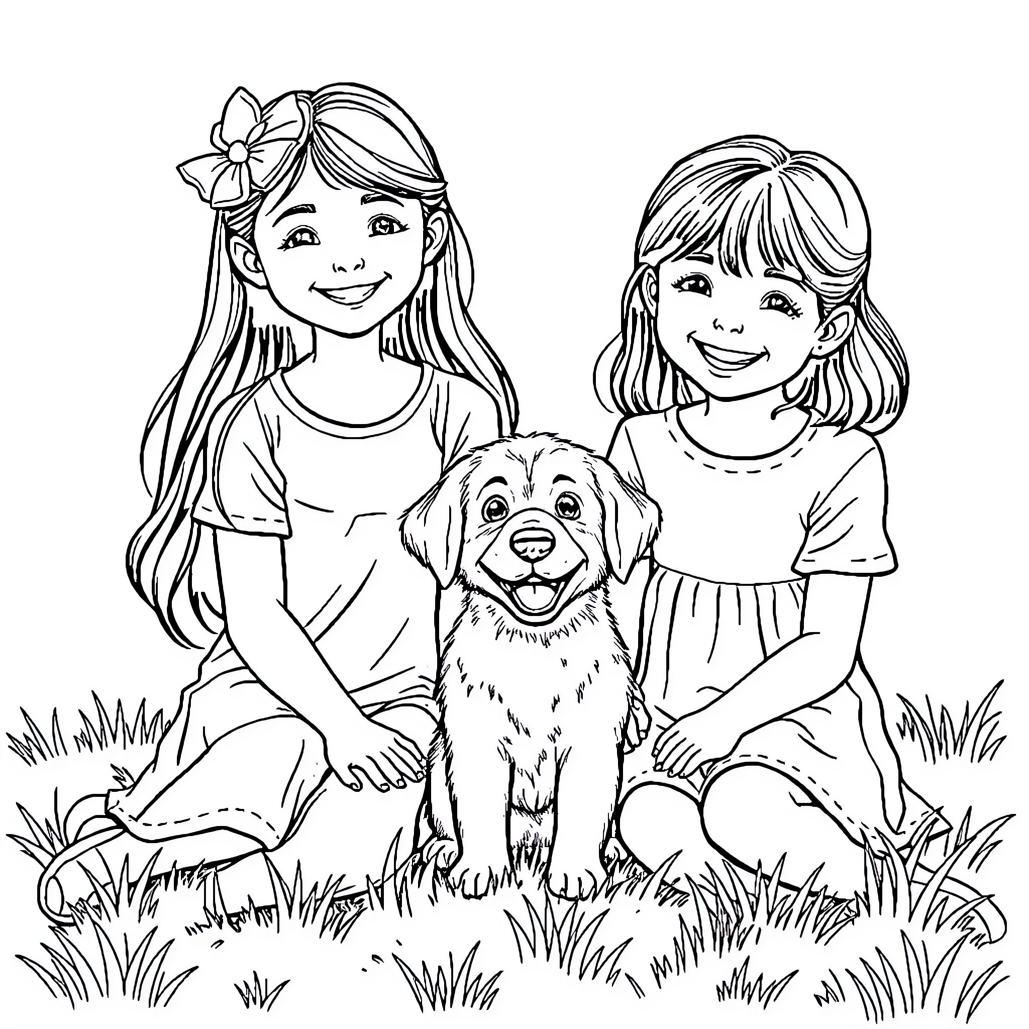 Dog and girls playing happily in the field Coloring Page (free black-and-white line drawing printable PDF for all, from beginners to advanced learners, including children, teens, adults, and seniors)