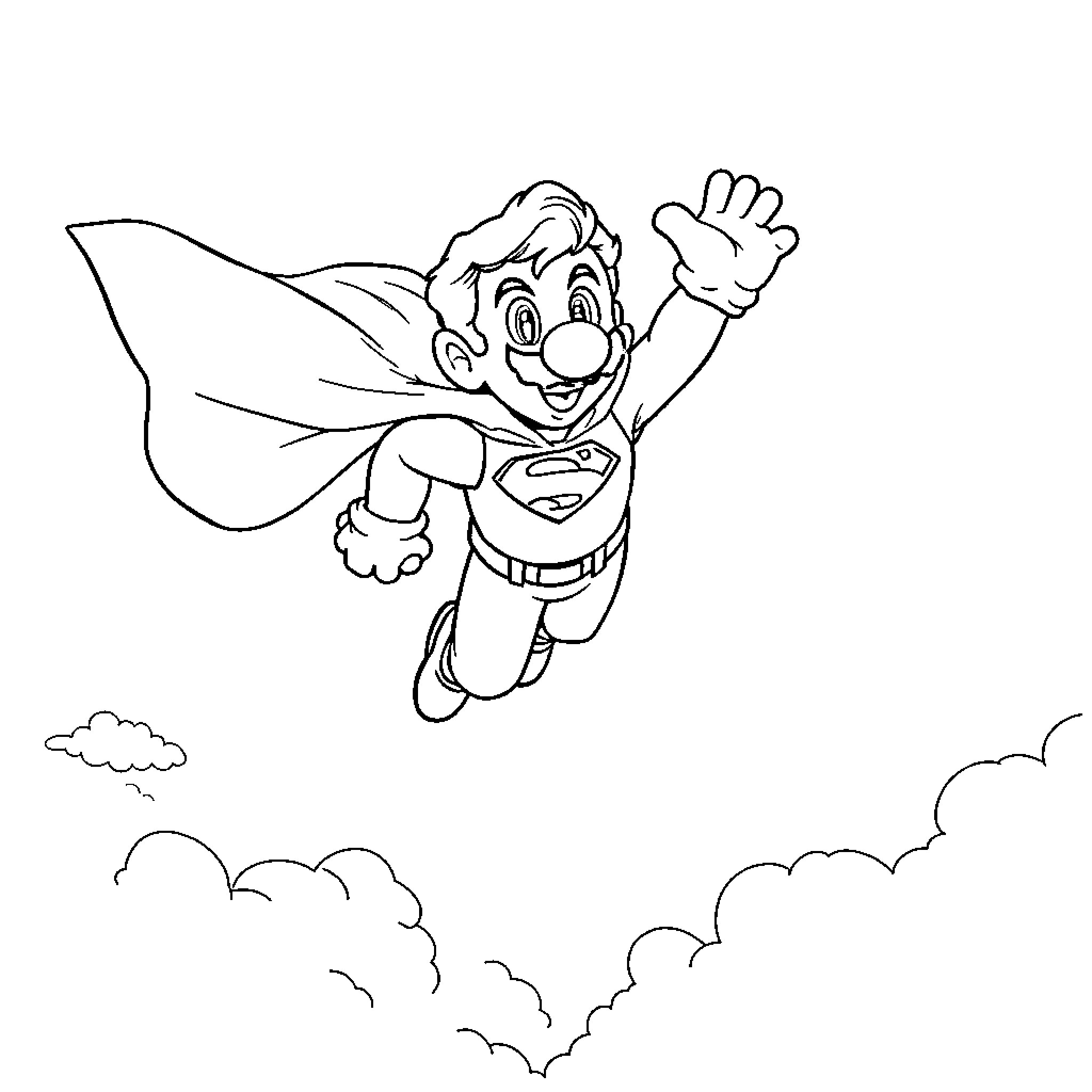 Luigi soars through the clouds with excitement Coloring Page (free black-and-white line drawing printable PDF for all, from beginners to advanced learners, including children, teens, adults, and seniors)