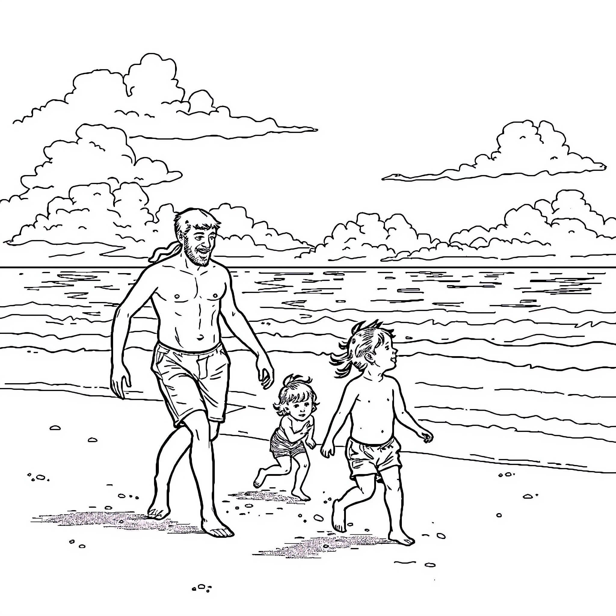 Dad spending quality time with kids at the beach Coloring Page (free black-and-white line drawing printable PDF for all, from beginners to advanced learners, including children, teens, adults, and seniors)