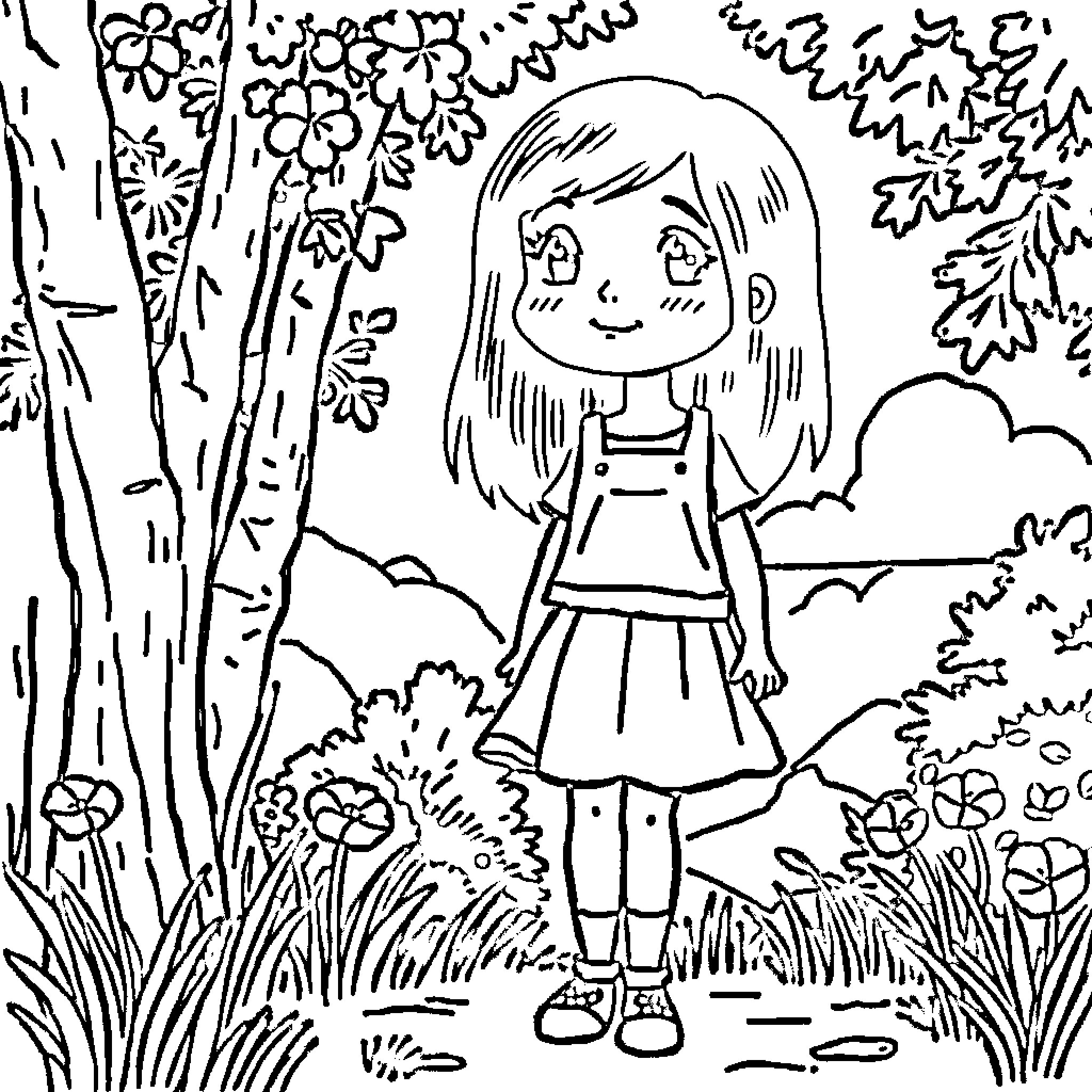Girl exploring nature in a peaceful forest setting Coloring Page (free black-and-white line drawing printable PDF for all, from beginners to advanced learners, including children, teens, adults, and seniors)
