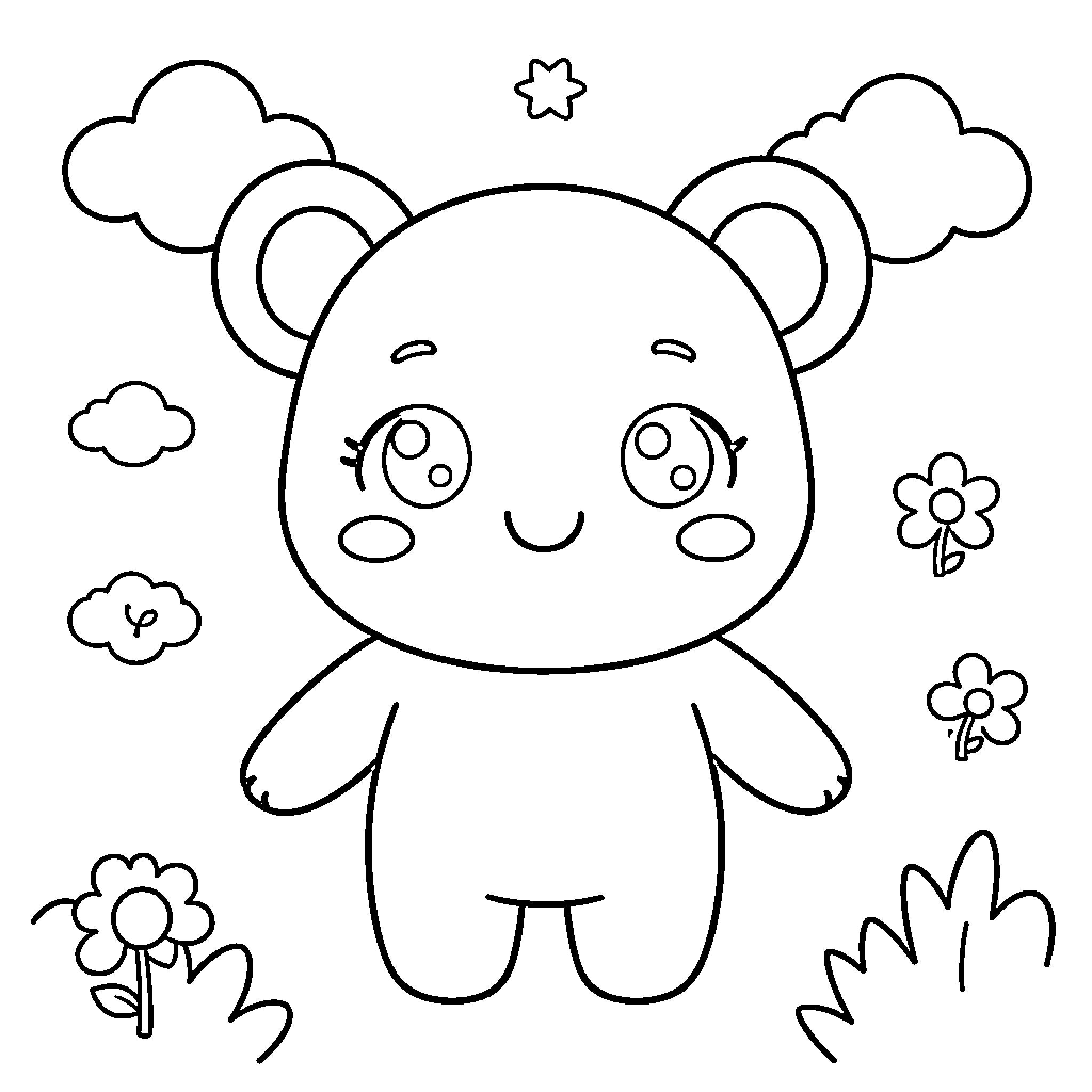Simple Cute Animal Character in Nature Coloring Page (free black-and-white line drawing printable PDF for all, from beginners to advanced learners, including children, teens, adults, and seniors)