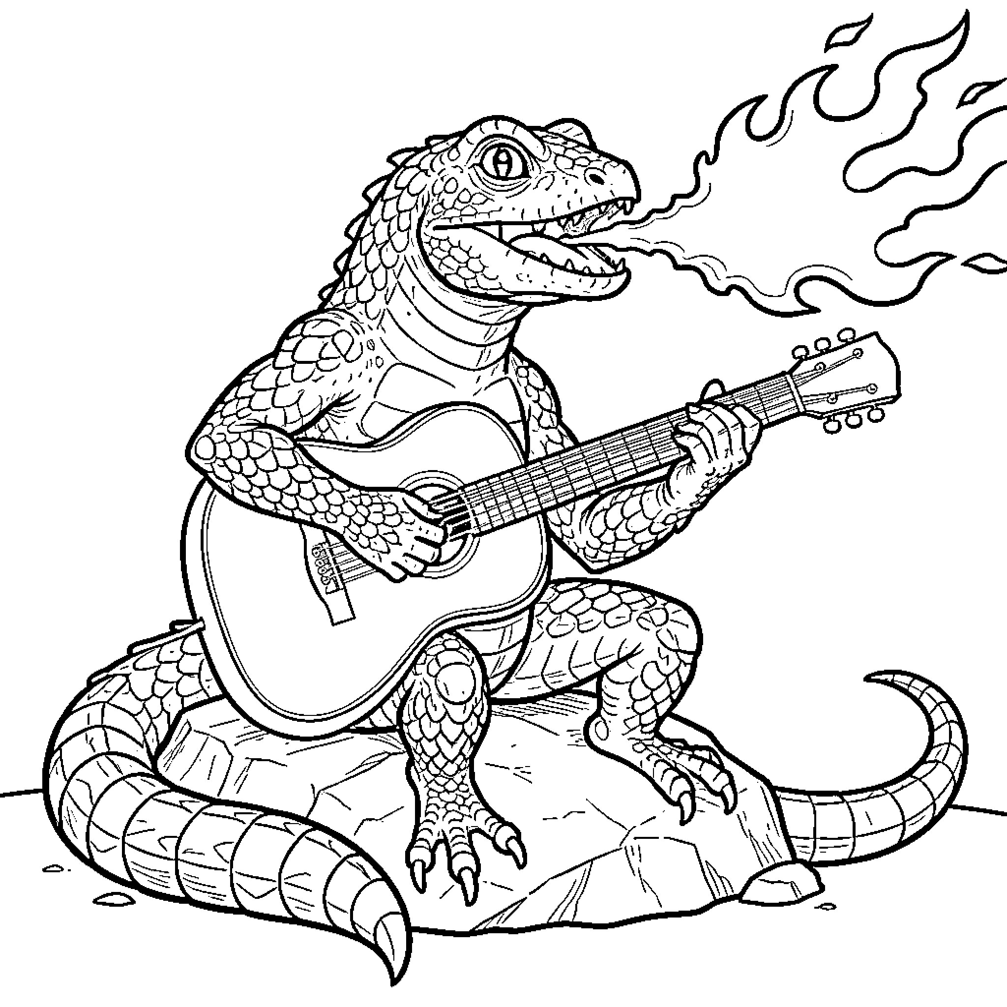 Lizard playing acoustic guitar with fiery breath Coloring Page (free black-and-white line drawing printable PDF for all, from beginners to advanced learners, including children, teens, adults, and seniors)