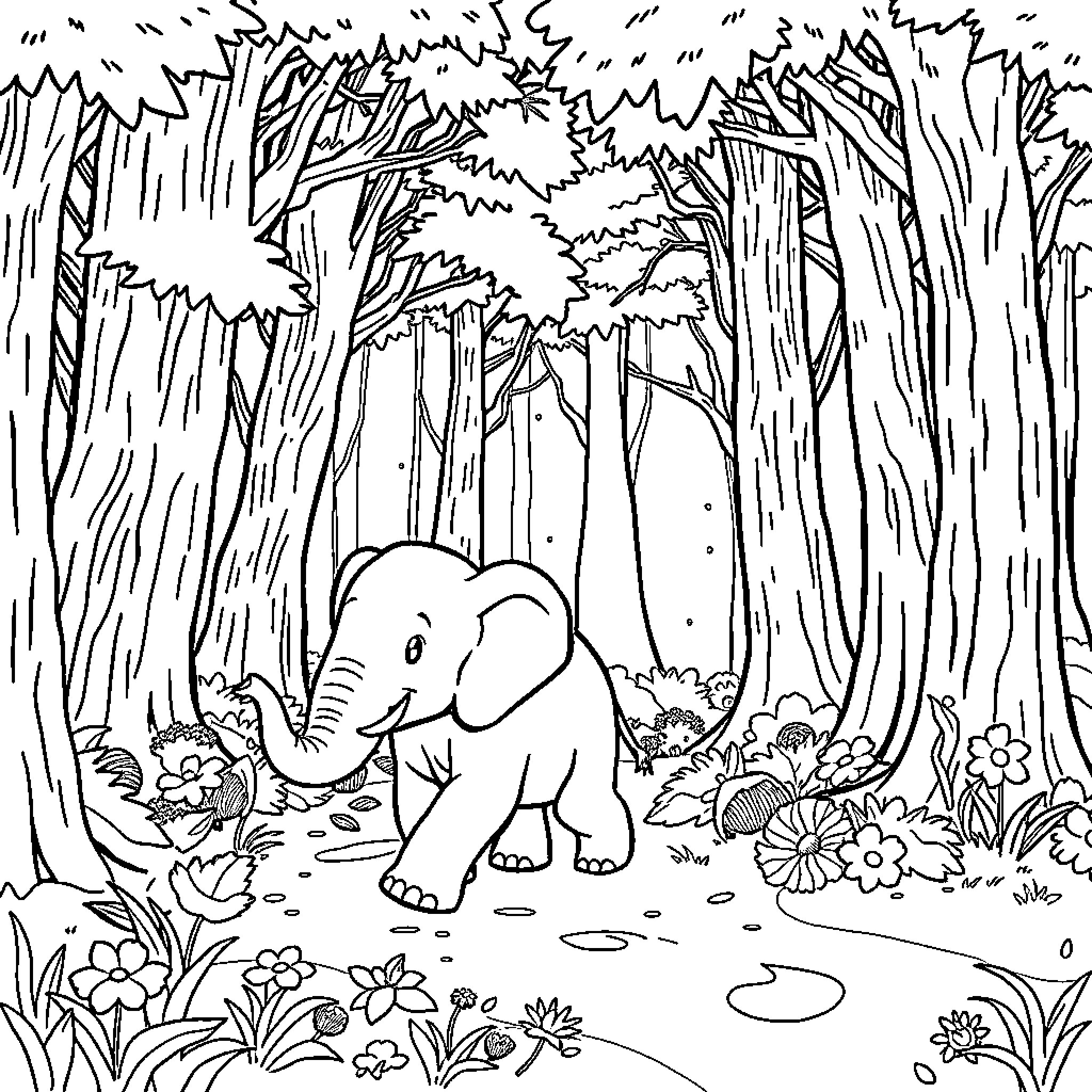 Elephant exploring the lush forest Coloring Page (free black-and-white line drawing printable PDF for all, from beginners to advanced learners, including children, teens, adults, and seniors)