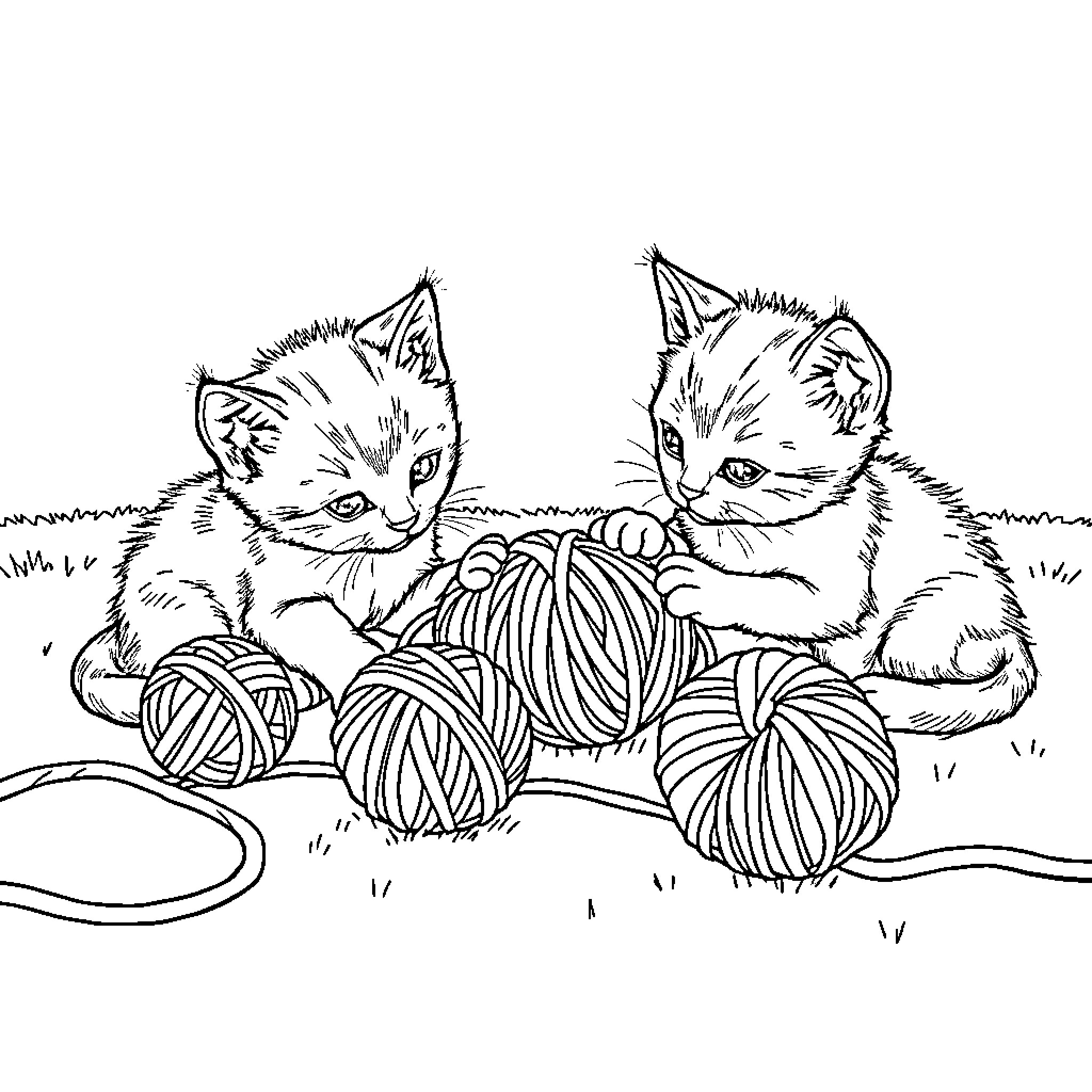 Kittens playing with yarn balls Coloring Page (free black-and-white line drawing printable PDF for all, from beginners to advanced learners, including children, teens, adults, and seniors)