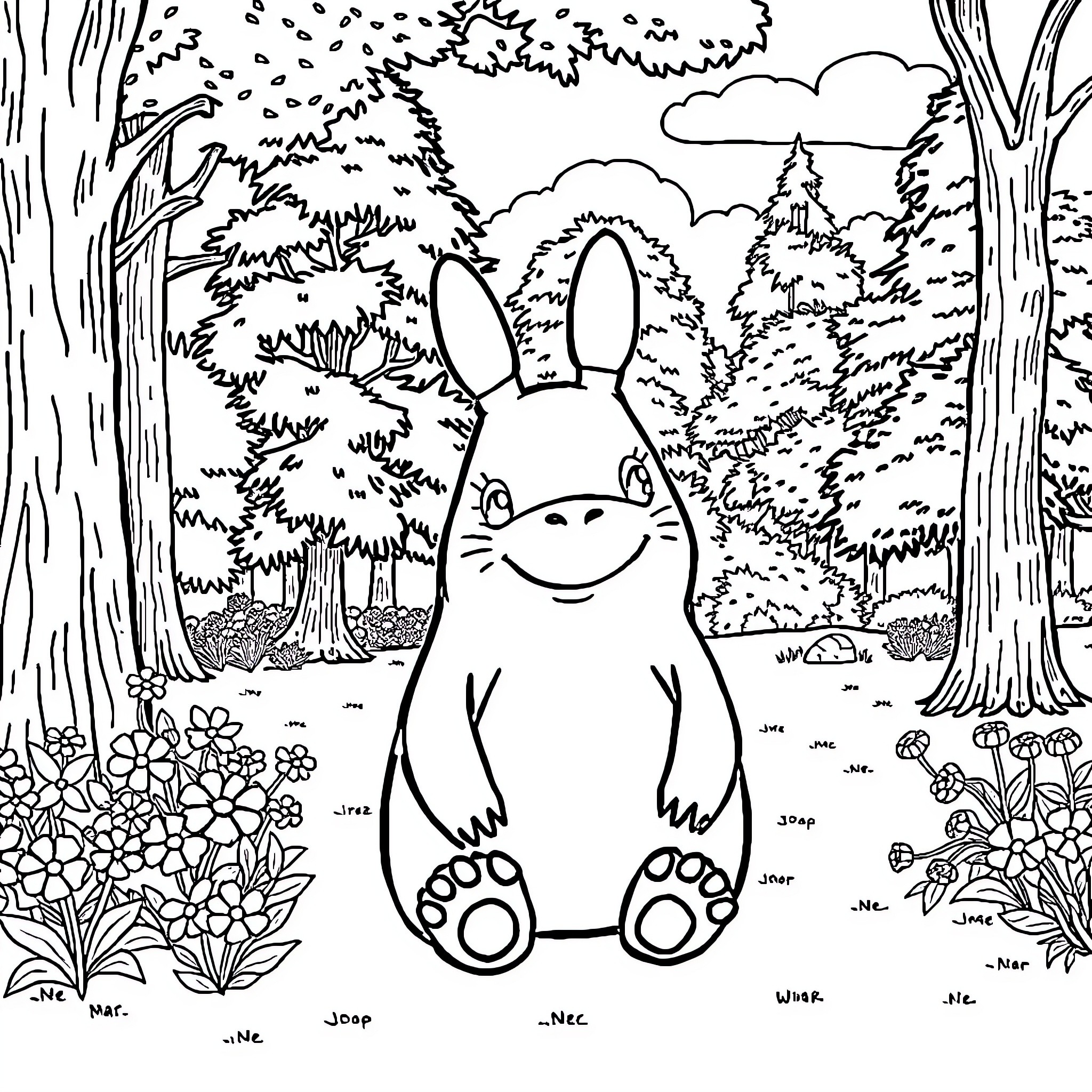 Tottoro exploring the enchanted forest Coloring Page (free black-and-white line drawing printable PDF for all, from beginners to advanced learners, including children, teens, adults, and seniors)