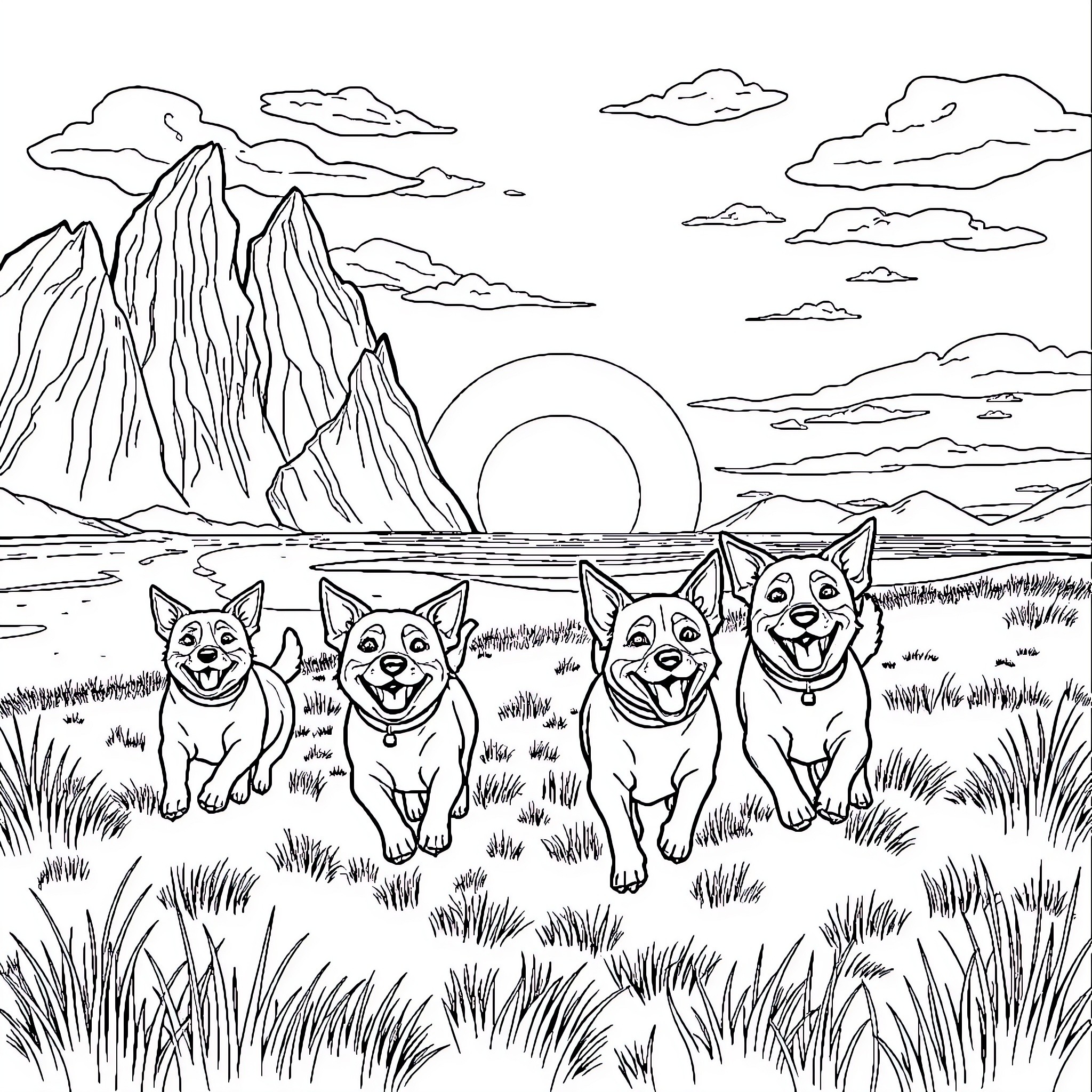 Dog friends enjoying the sunset in the mountains Coloring Page (free black-and-white line drawing printable PDF for all, from beginners to advanced learners, including children, teens, adults, and seniors)