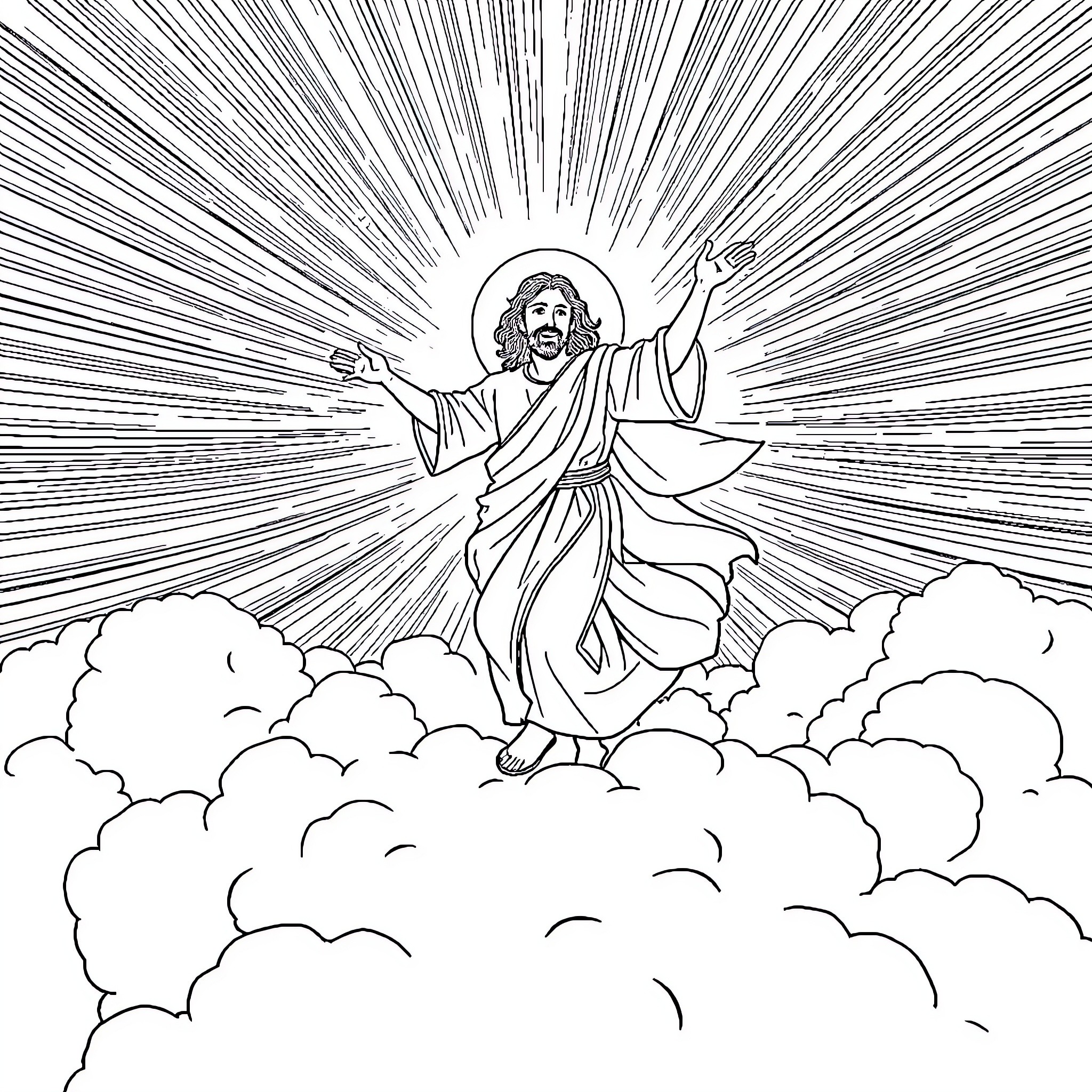 Jesus ascending in a heavenly vision Coloring Page (free black-and-white line drawing printable PDF for all, from beginners to advanced learners, including children, teens, adults, and seniors)