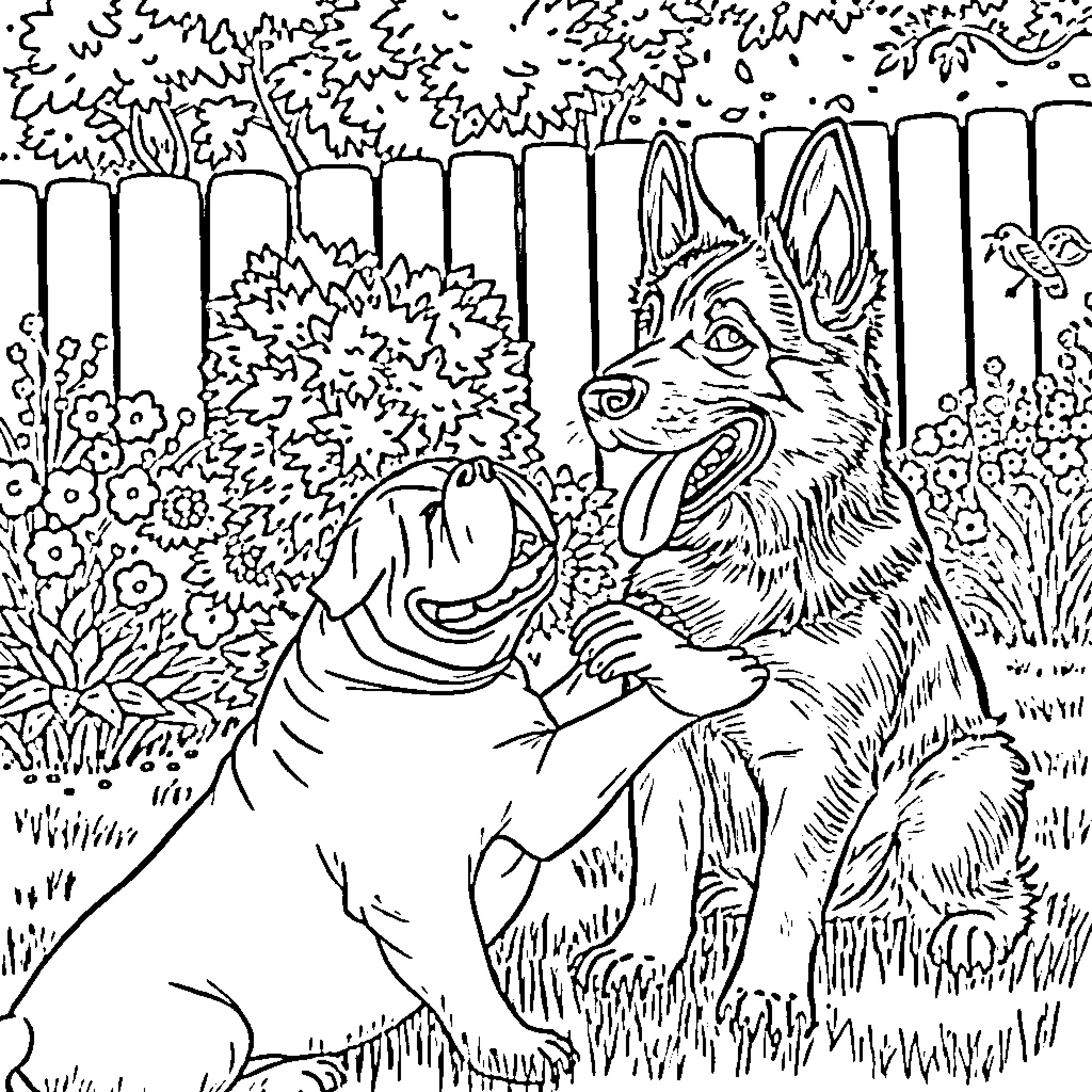 Dog Sniffing Around in Lush Garden Coloring Page (free black-and-white line drawing printable PDF for all, from beginners to advanced learners, including children, teens, adults, and seniors)