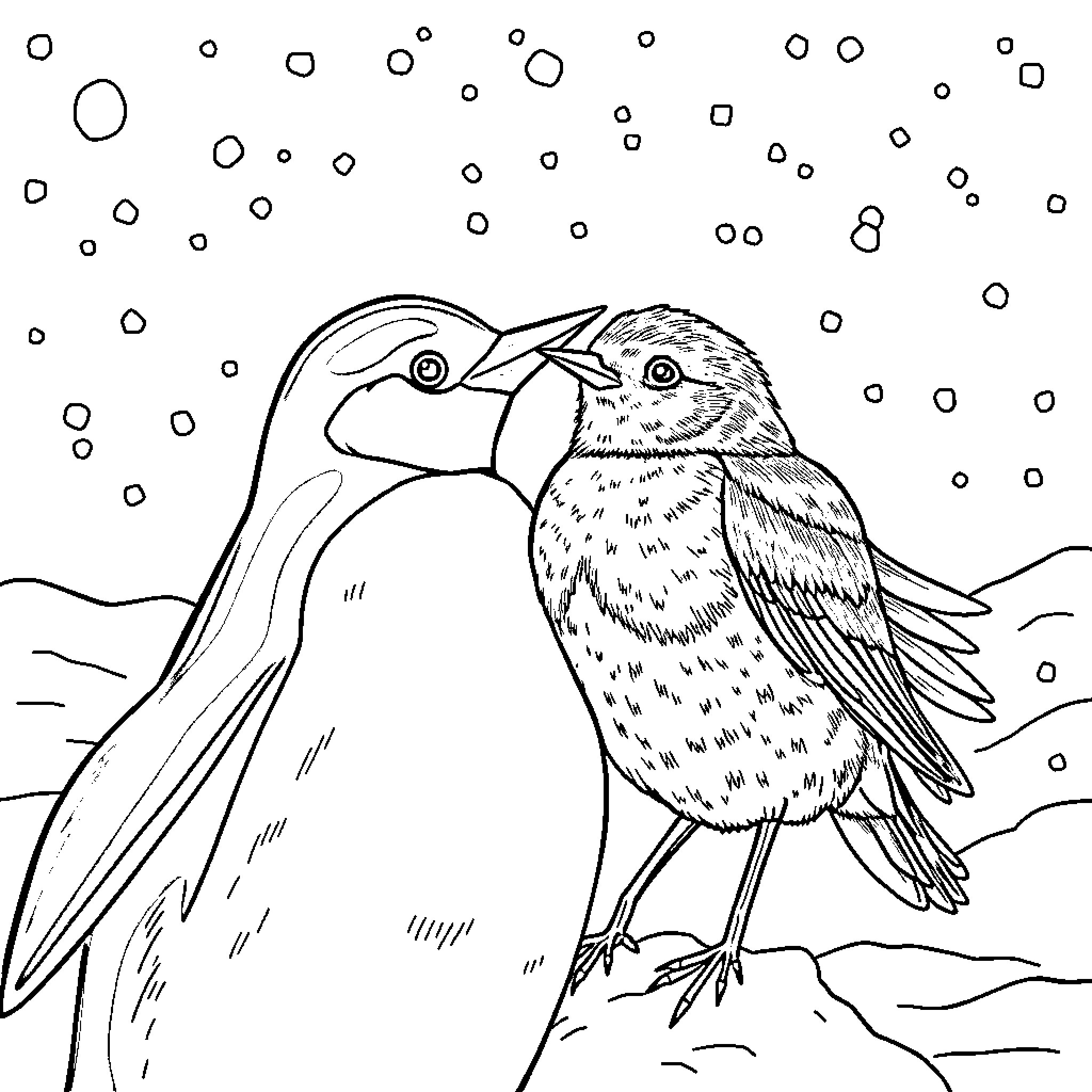 Birds nestling together in a snowy scene Coloring Page (free black-and-white line drawing printable PDF for all, from beginners to advanced learners, including children, teens, adults, and seniors)