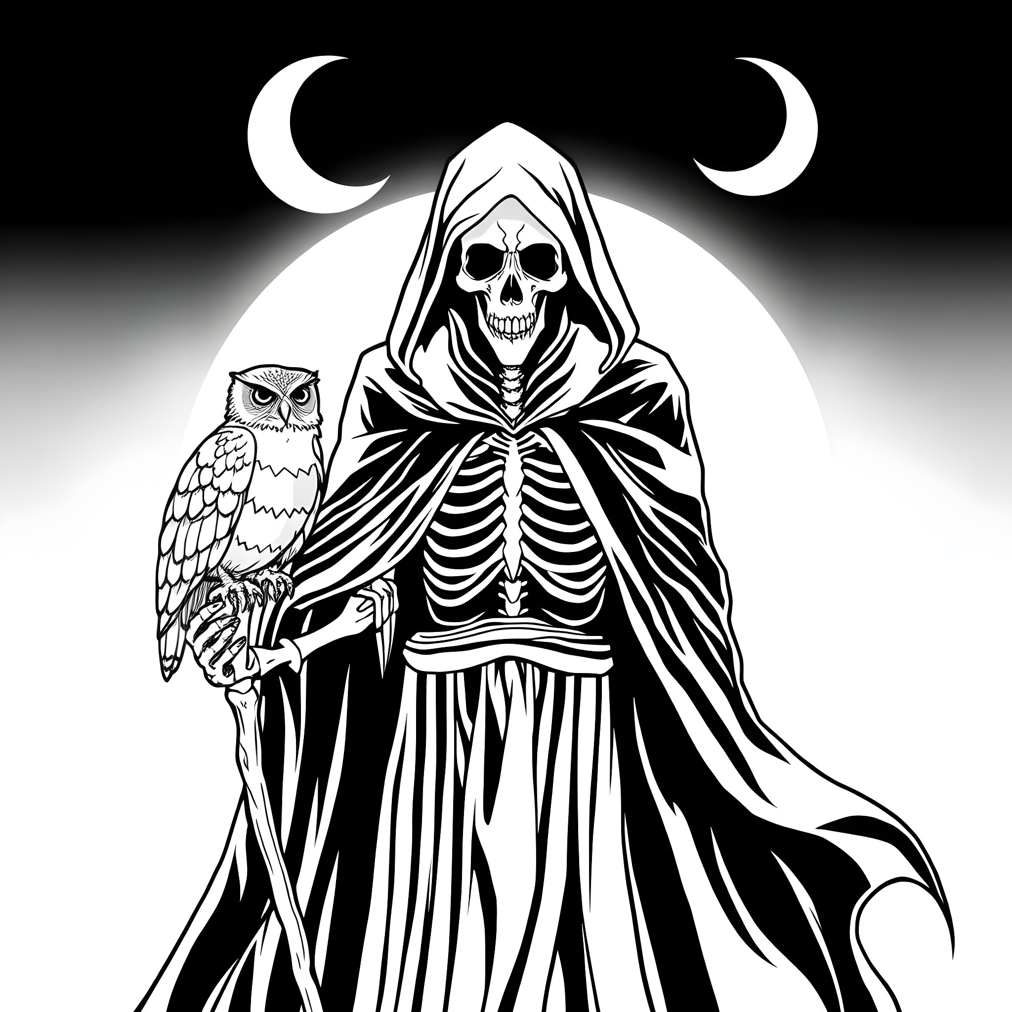 Grim Reaper with Owl Companion Coloring Page (free black-and-white line drawing printable PDF for all, from beginners to advanced learners, including children, teens, adults, and seniors)
