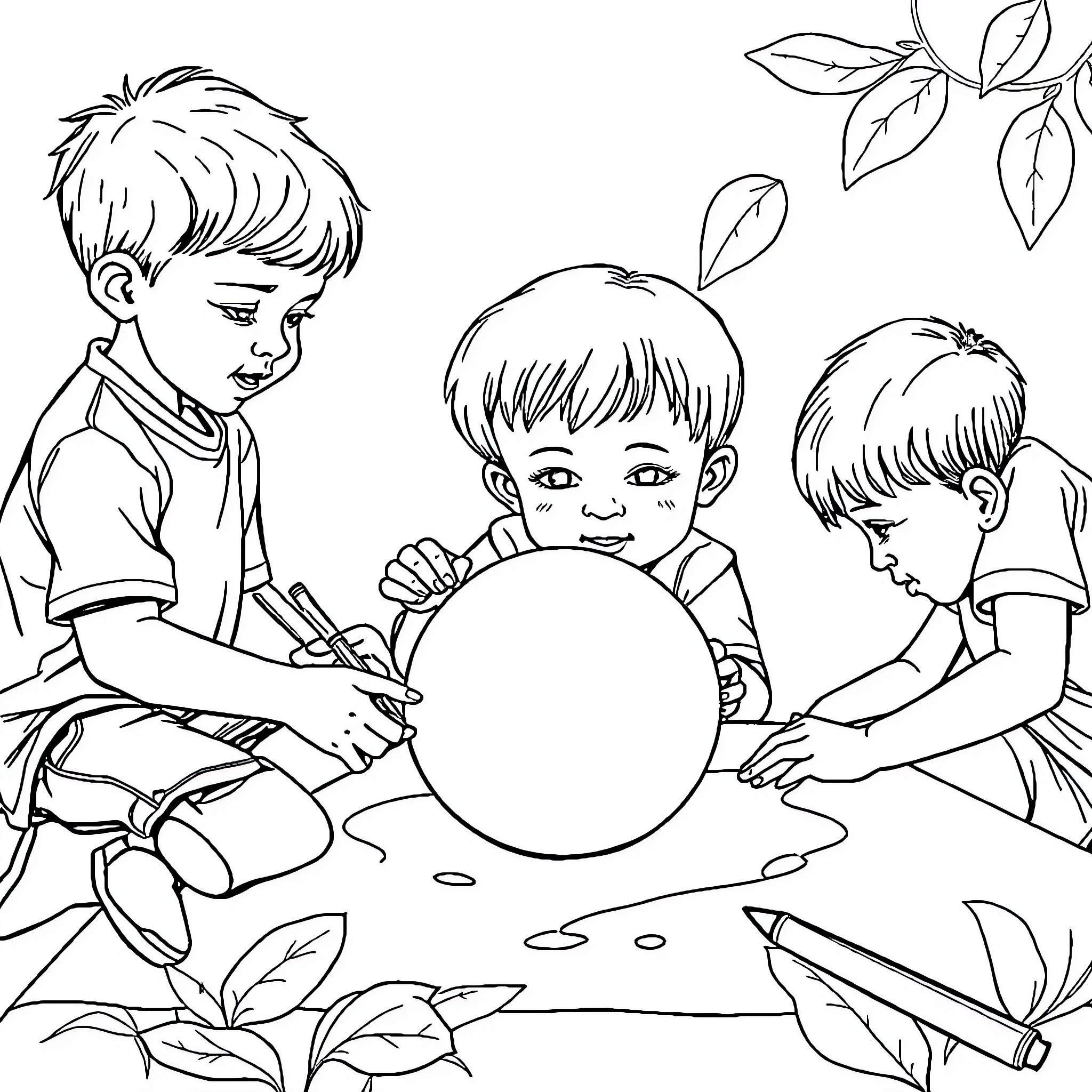 Kids playing with a ball in the park Coloring Page (free black-and-white line drawing printable PDF for all, from beginners to advanced learners, including children, teens, adults, and seniors)