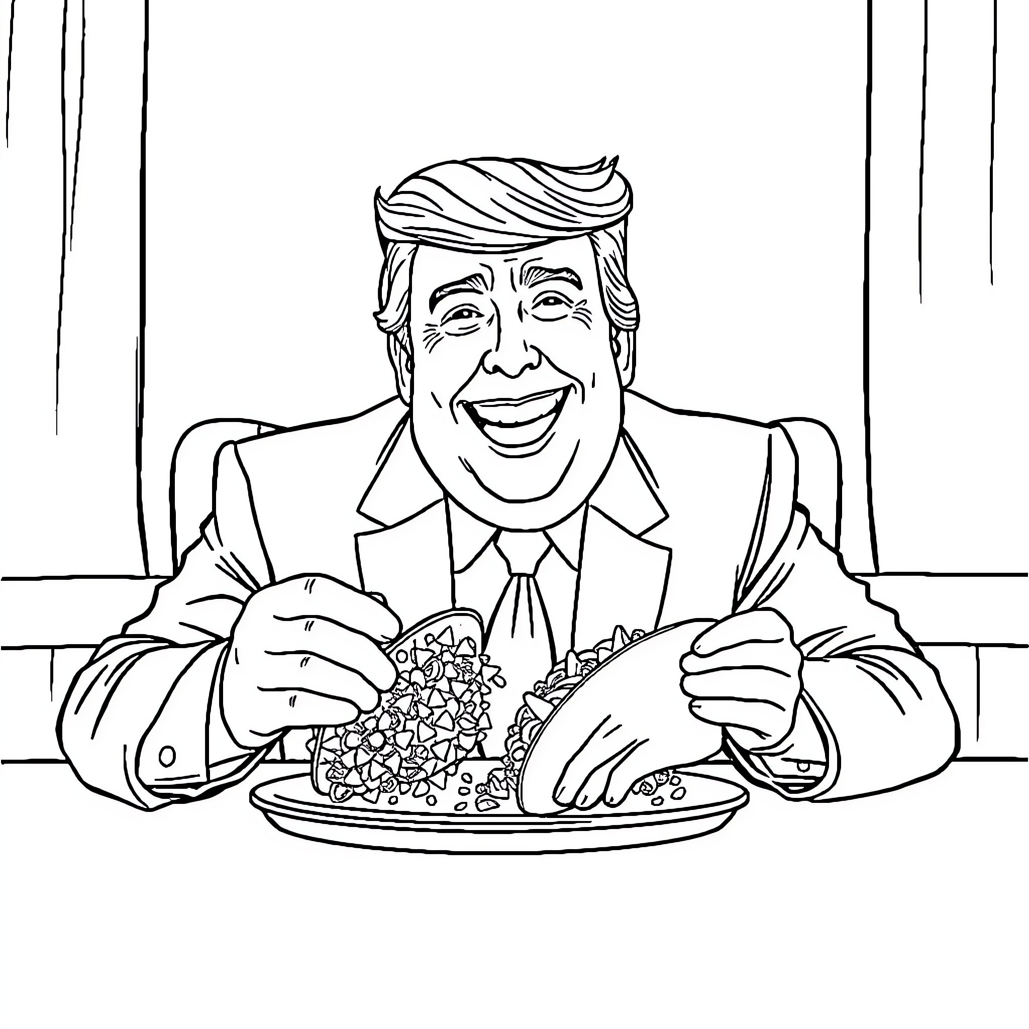 Trump enjoying a hearty meal with enthusiasm Coloring Page (free black-and-white line drawing printable PDF for all, from beginners to advanced learners, including children, teens, adults, and seniors)