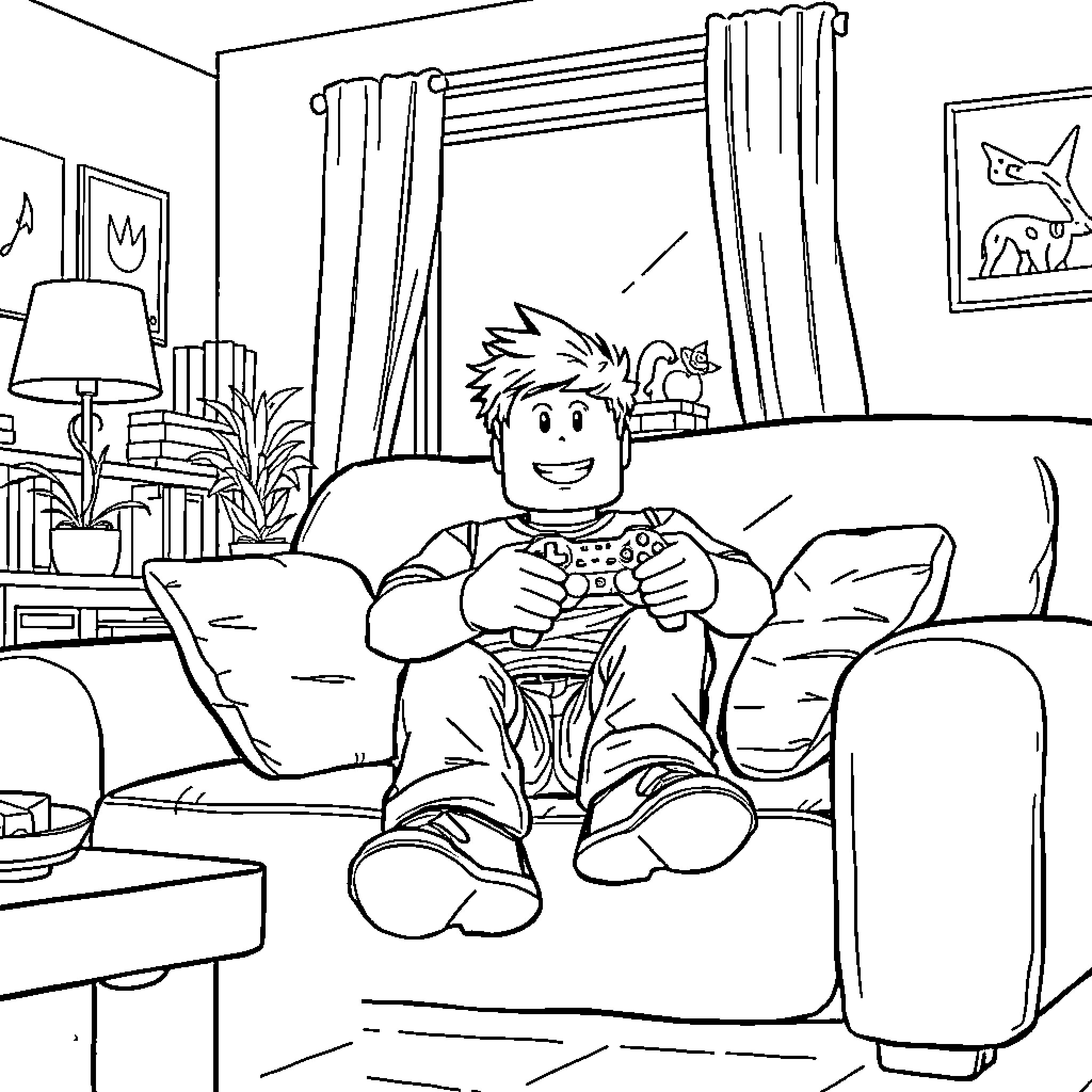 Roblox Player Relaxing and Gaming at Home Coloring Page (free black-and-white line drawing printable PDF for all, from beginners to advanced learners, including children, teens, adults, and seniors)