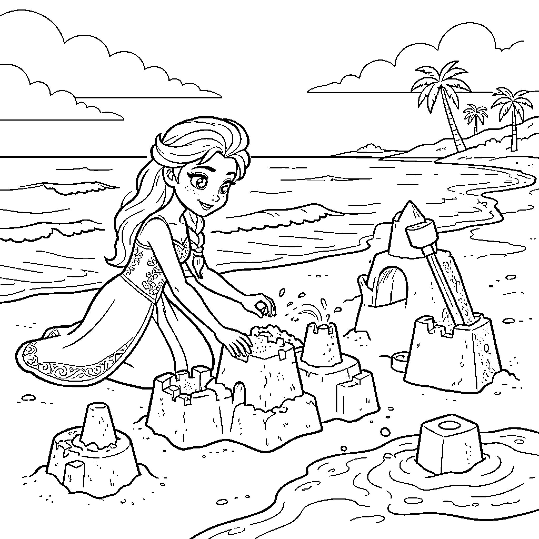 Elsa building sandcastles on a tropical beach Coloring Page (free black-and-white line drawing printable PDF for all, from beginners to advanced learners, including children, teens, adults, and seniors)