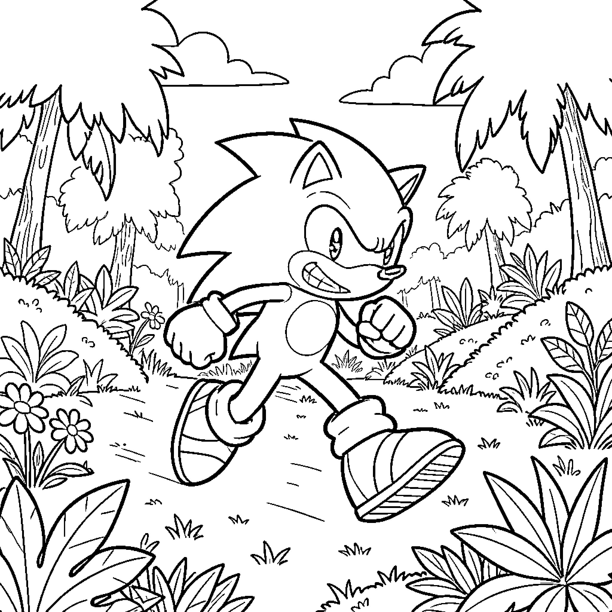 Sonic running determinedly through a lush tropical jungle Coloring Page (free black-and-white line drawing printable PDF for all, from beginners to advanced learners, including children, teens, adults, and seniors)