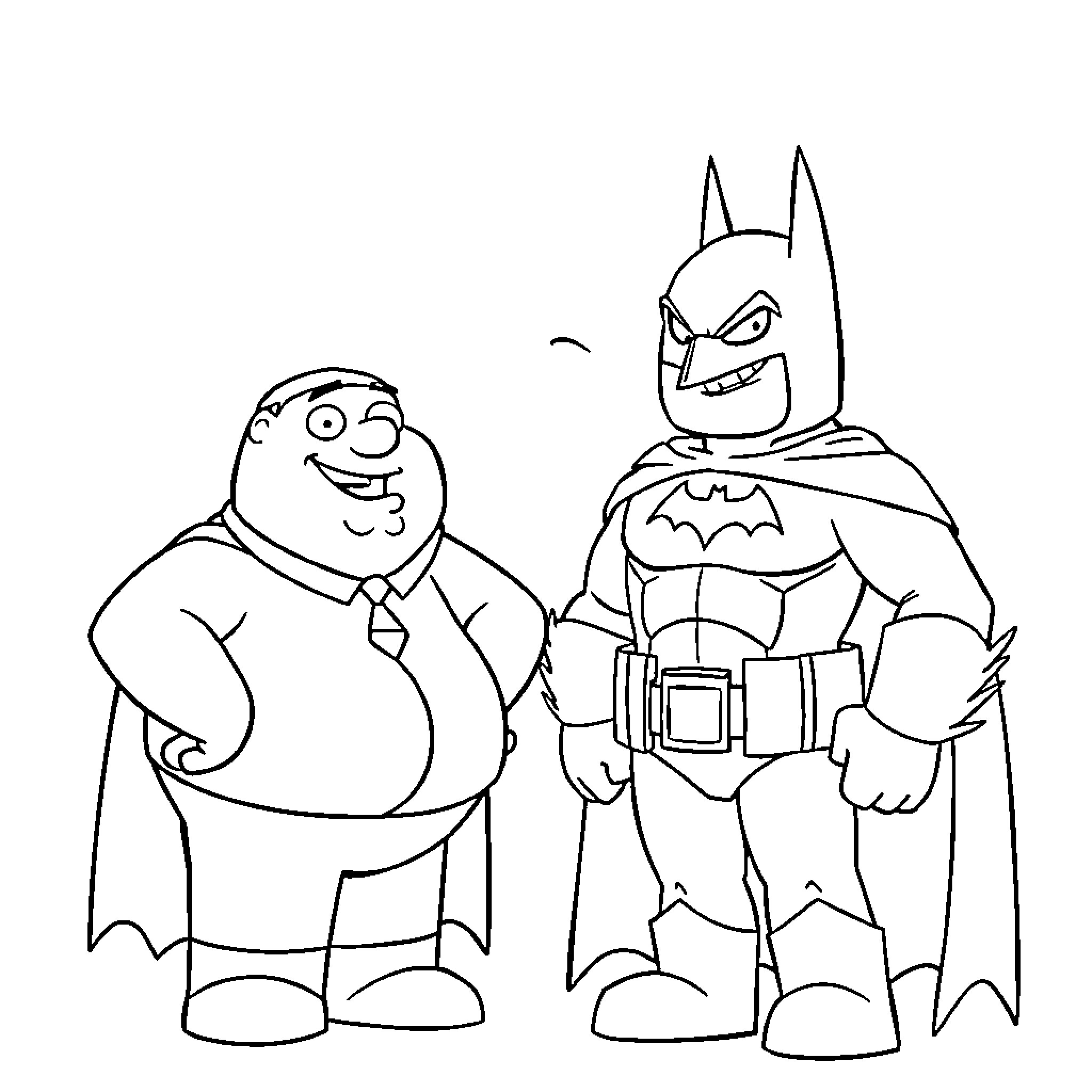 Peter Griffin and Batman in Amusing Encounter Coloring Page (free black-and-white line drawing printable PDF for all, from beginners to advanced learners, including children, teens, adults, and seniors)