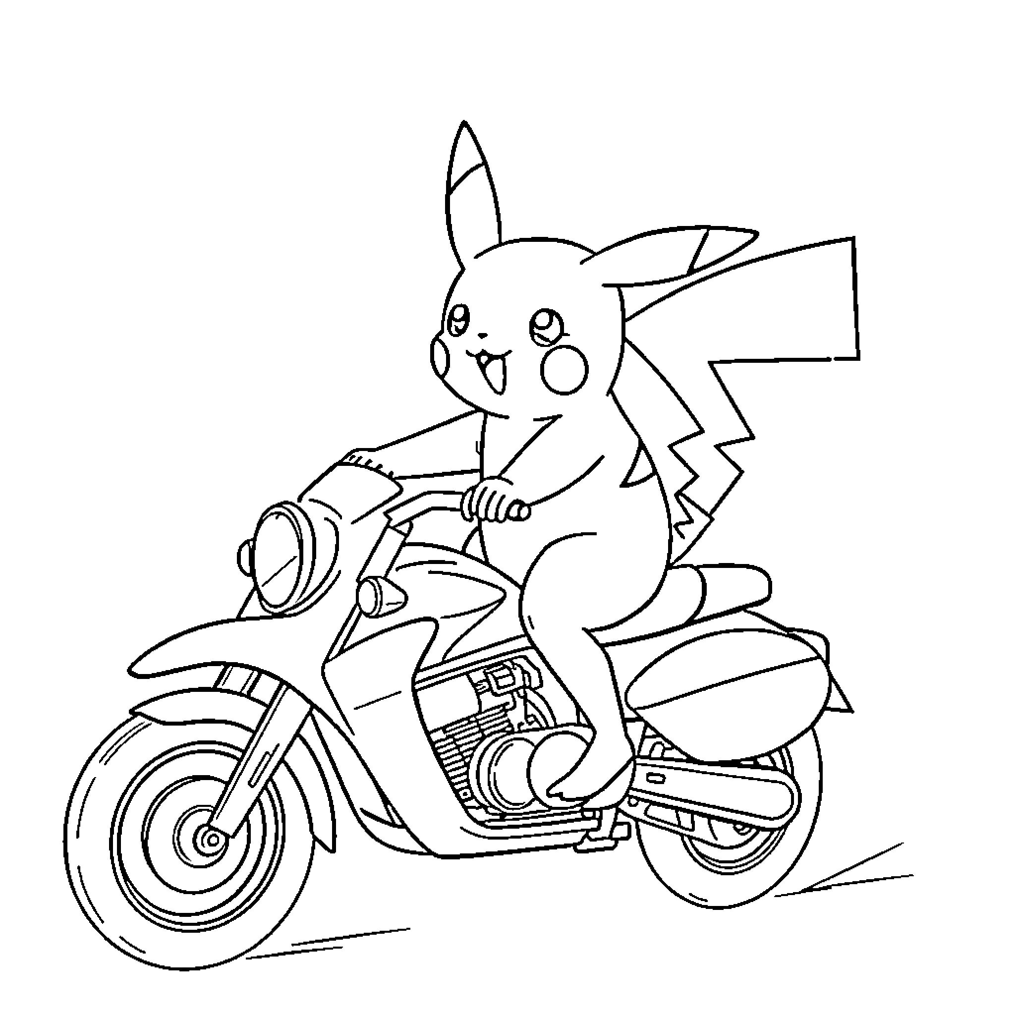Pikachu riding a motorcycle with excitement Coloring Page (free black-and-white line drawing printable PDF for all, from beginners to advanced learners, including children, teens, adults, and seniors)