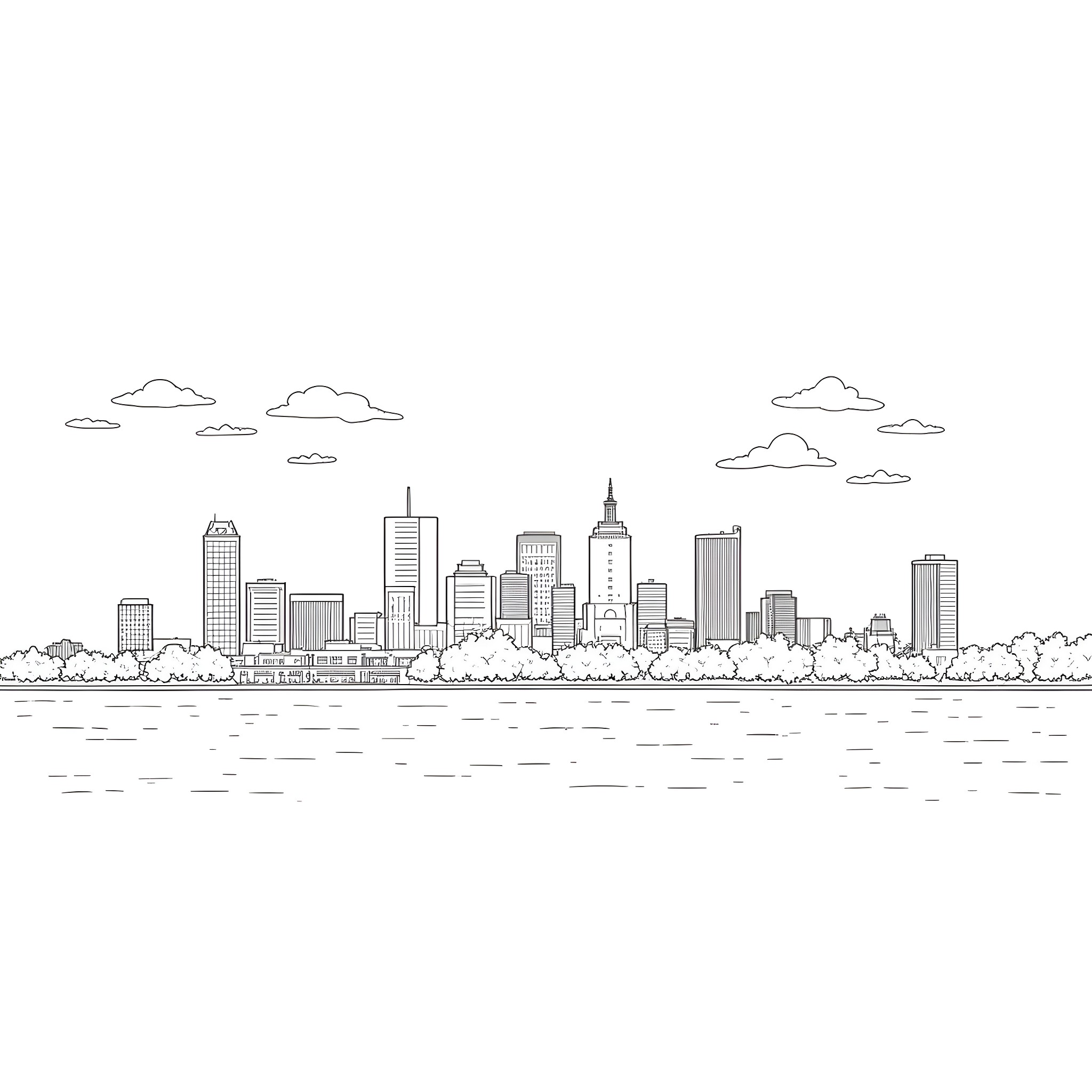 Sacramento skyline with buildings and clouds Coloring Page (free black-and-white line drawing printable PDF for all, from beginners to advanced learners, including children, teens, adults, and seniors)