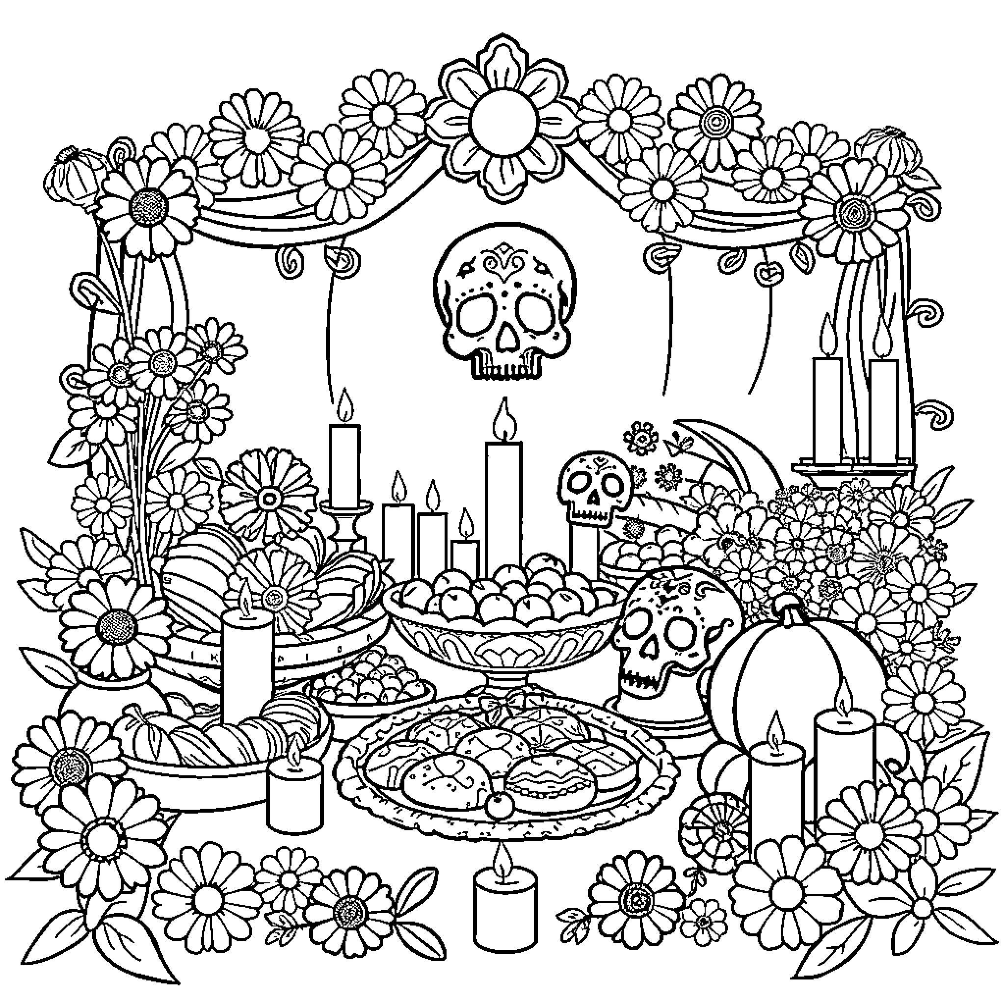 Altar with Floral Offerings and Skulls Coloring Page (free black-and-white line drawing printable PDF for all, from beginners to advanced learners, including children, teens, adults, and seniors)