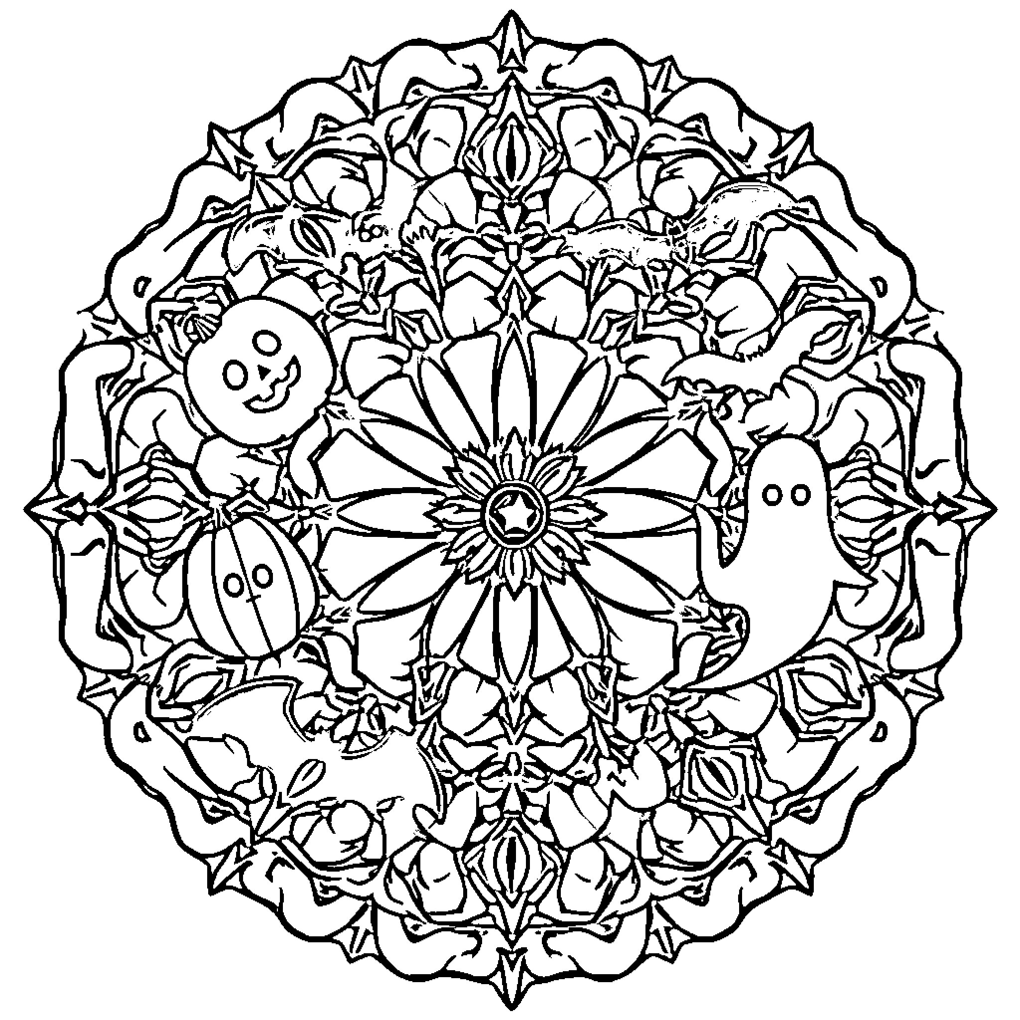 Mandala with playful cartoon characters Coloring Page (free black-and-white line drawing printable PDF for all, from beginners to advanced learners, including children, teens, adults, and seniors)