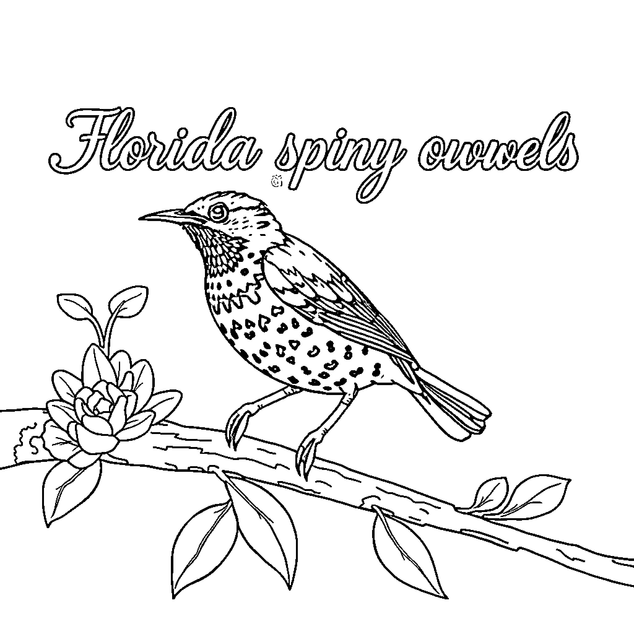 Spider spiny owls perching on branch with flowers Coloring Page (free black-and-white line drawing printable PDF for all, from beginners to advanced learners, including children, teens, adults, and seniors)
