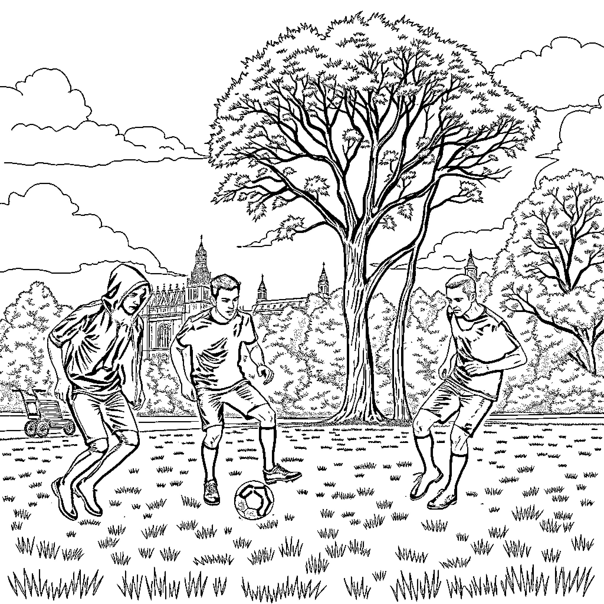Linkin Park Members Playing Soccer in Scenic Outdoor Setting Coloring Page (free black-and-white line drawing printable PDF for all, from beginners to advanced learners, including children, teens, adults, and seniors)
