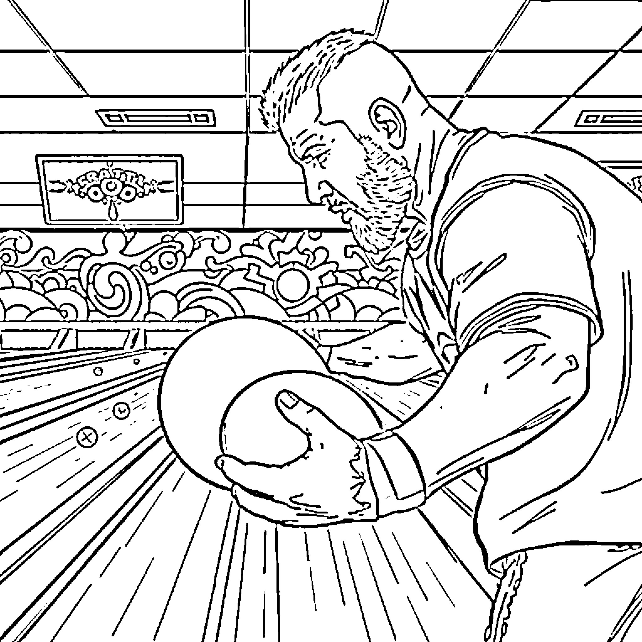 Randy Orton Prepares for Epic Bowling Match Coloring Page (free black-and-white line drawing printable PDF for all, from beginners to advanced learners, including children, teens, adults, and seniors)