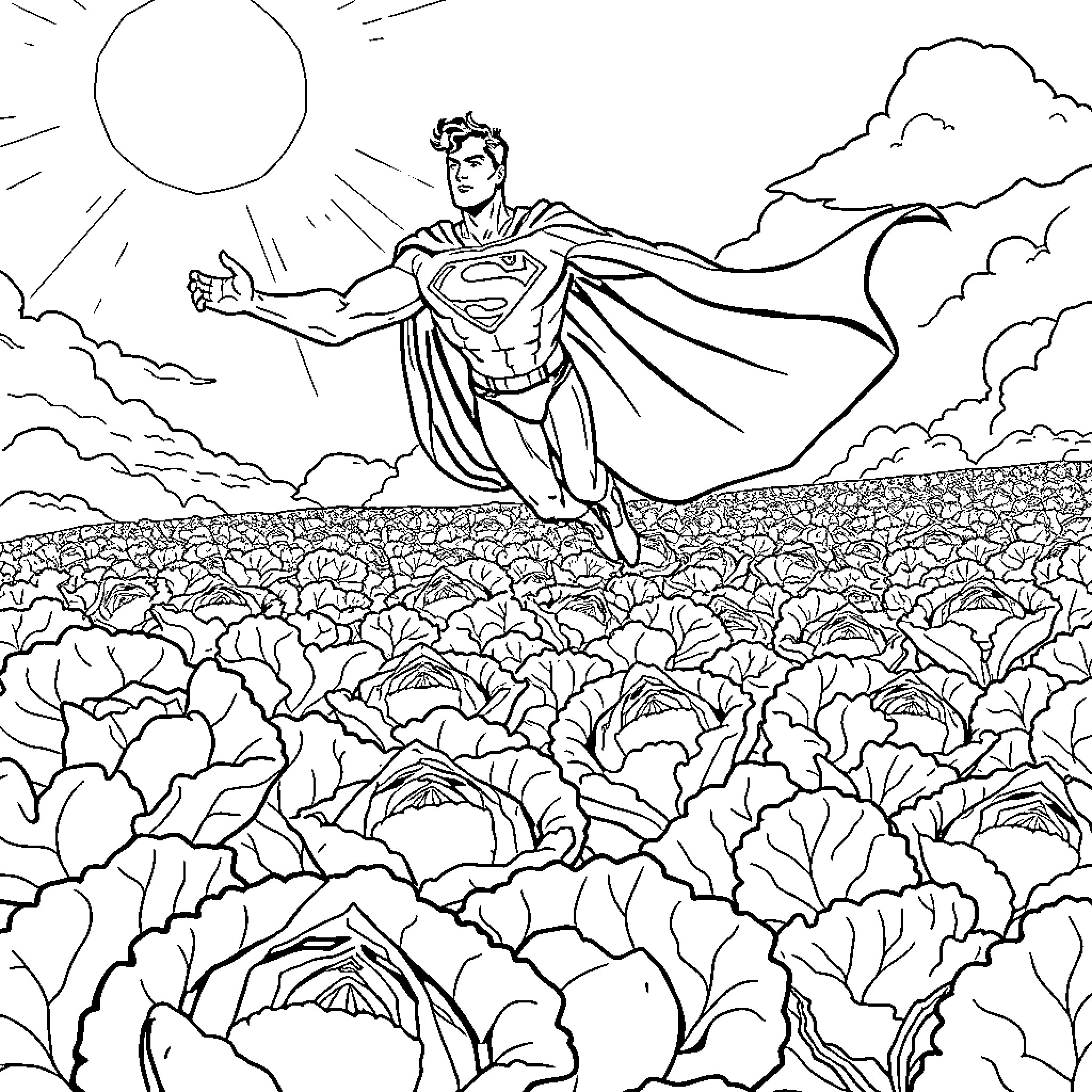 Superman soaring above a field of flowers Coloring Page (free black-and-white line drawing printable PDF for all, from beginners to advanced learners, including children, teens, adults, and seniors)