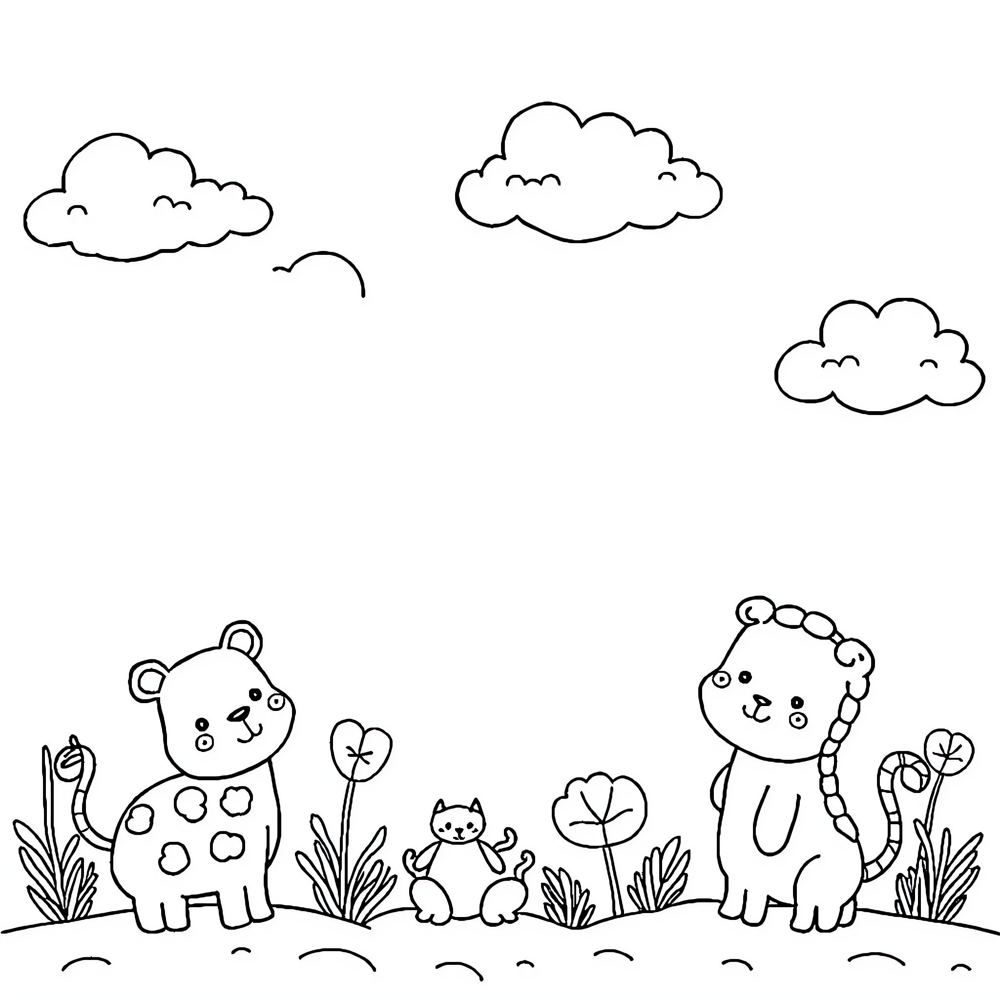 Background with cartoon animals and nature elements Coloring Page (free black-and-white line drawing printable PDF for all, from beginners to advanced learners, including children, teens, adults, and seniors)