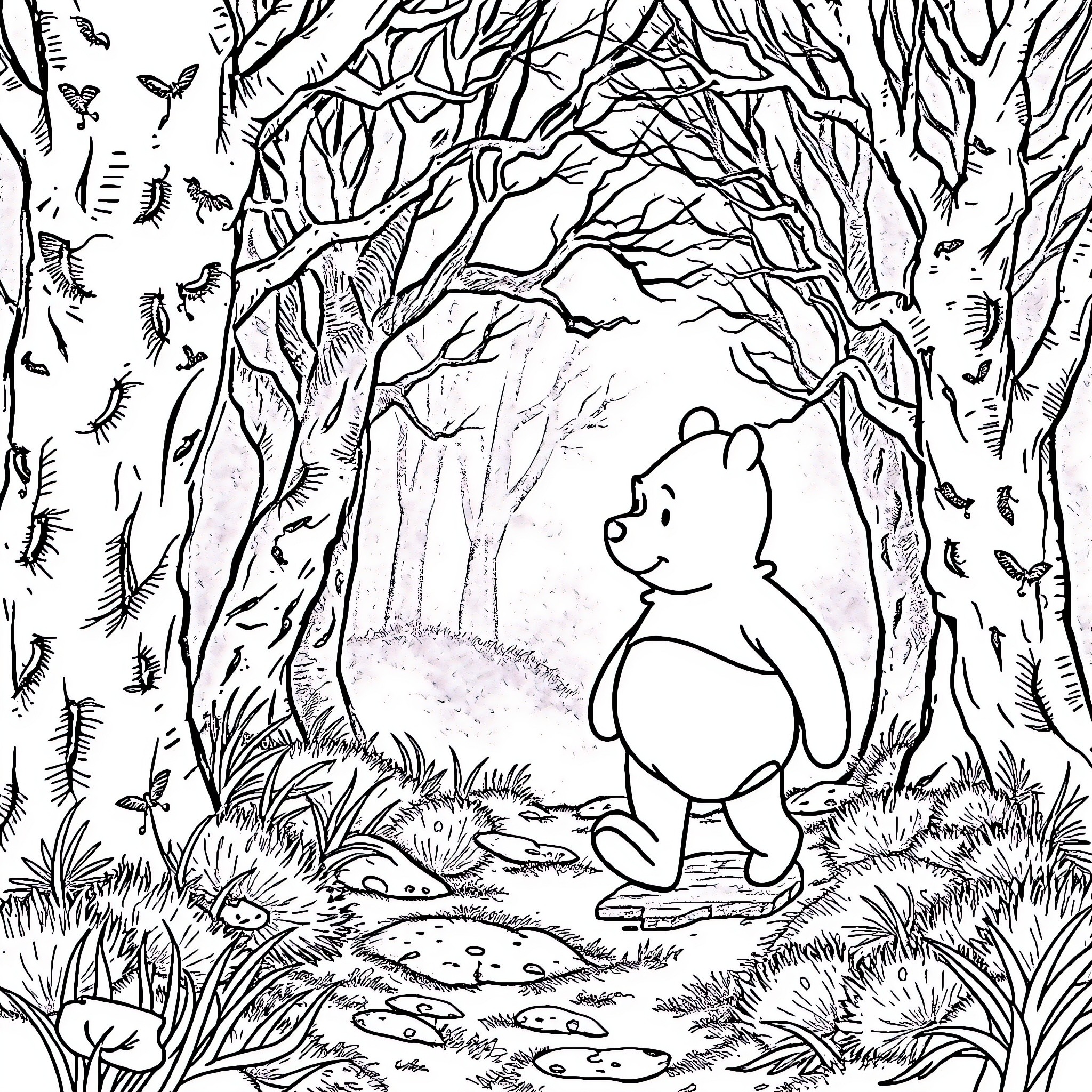 Winnie The Pooh wandering in the enchanted forest Coloring Page (free black-and-white line drawing printable PDF for all, from beginners to advanced learners, including children, teens, adults, and seniors)
