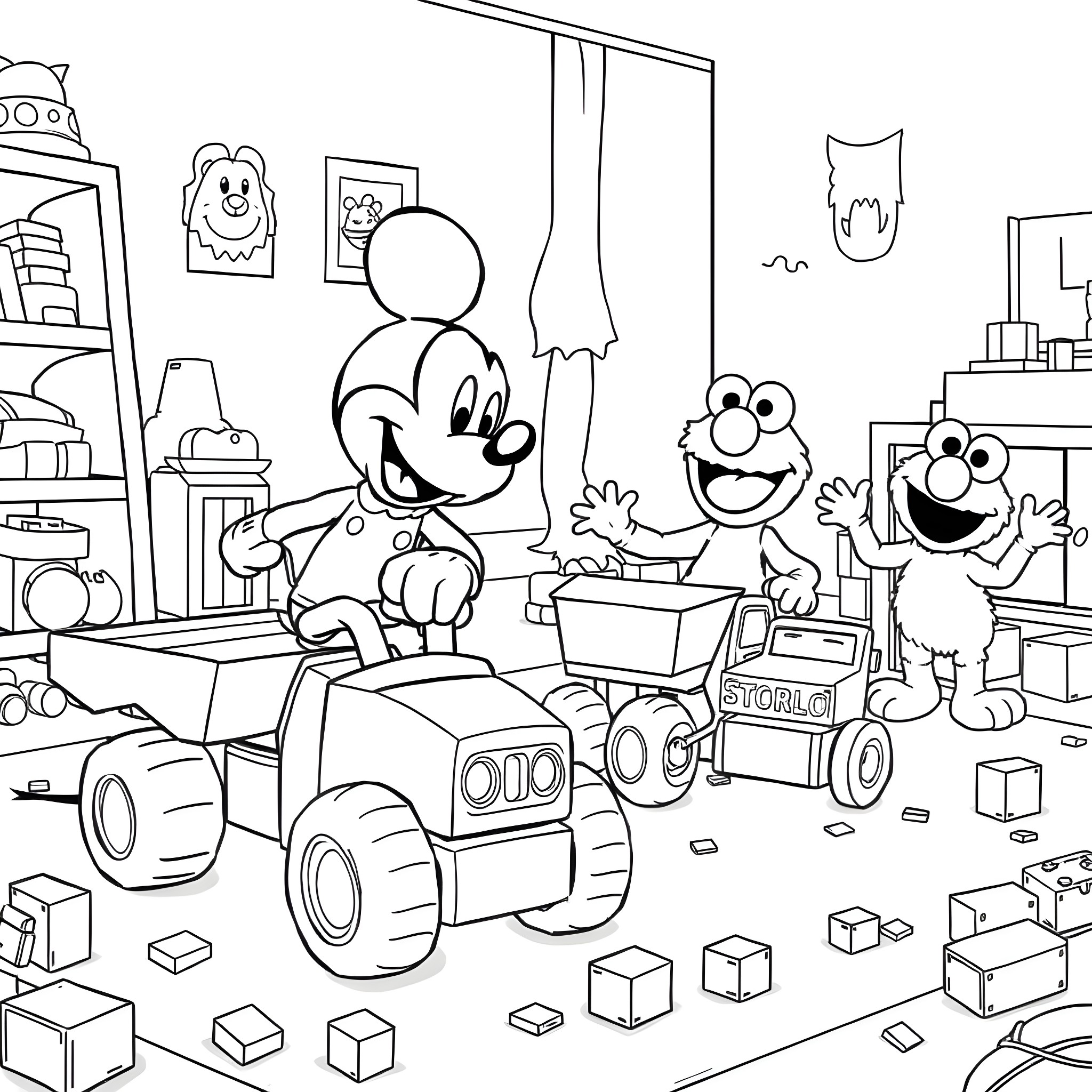 Mickey Mouse playing with friends in the toy room Coloring Page (free black-and-white line drawing printable PDF for all, from beginners to advanced learners, including children, teens, adults, and seniors)
