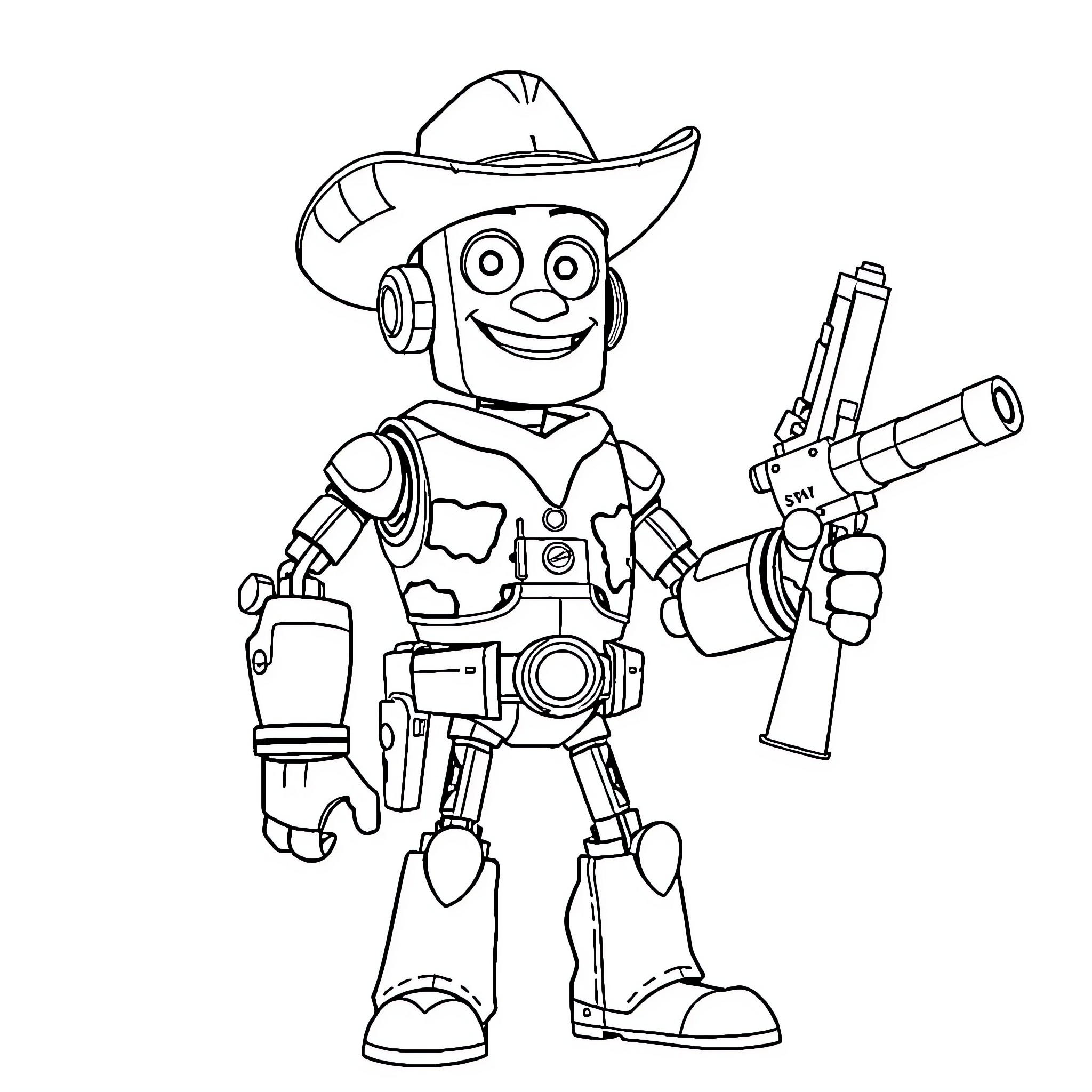 Robot Sheriff Holding Futuristic Weapon Coloring Page (free black-and-white line drawing printable PDF for all, from beginners to advanced learners, including children, teens, adults, and seniors)