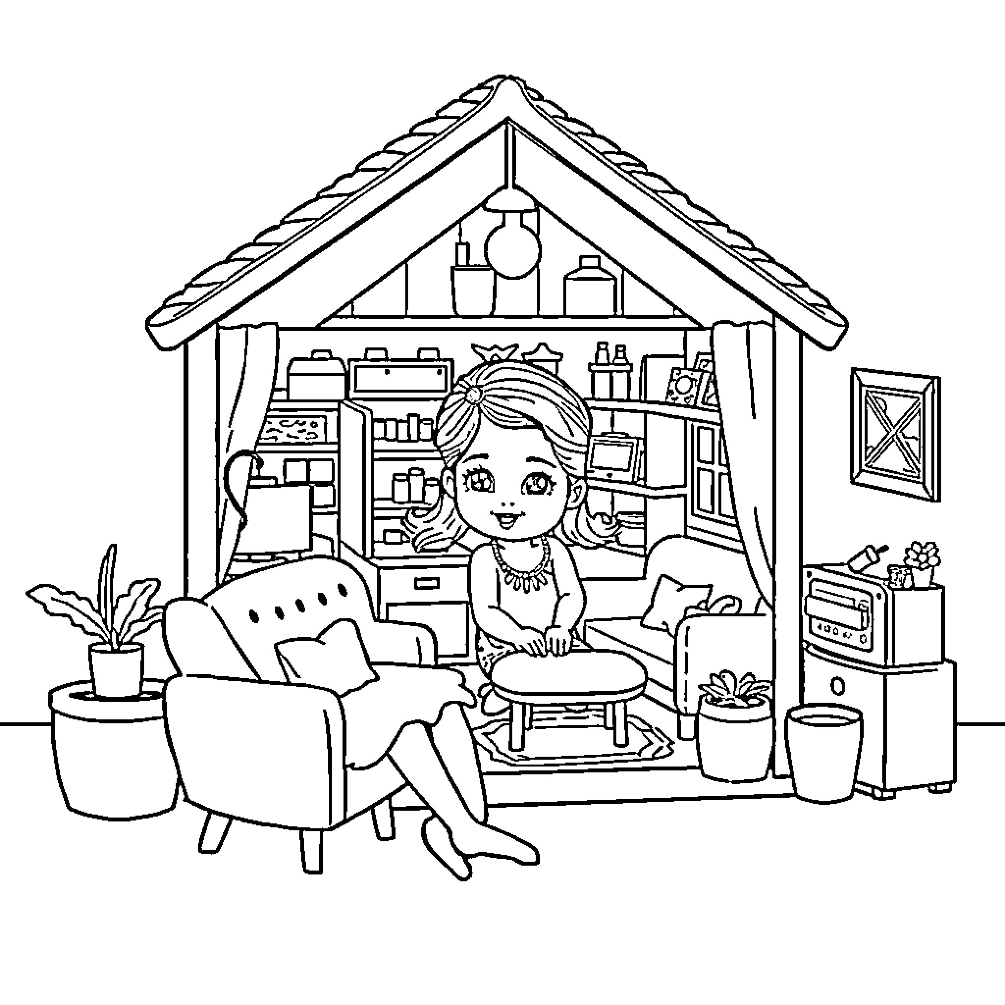 Nina enjoying her cozy hideaway Coloring Page (free black-and-white line drawing printable PDF for all, from beginners to advanced learners, including children, teens, adults, and seniors)