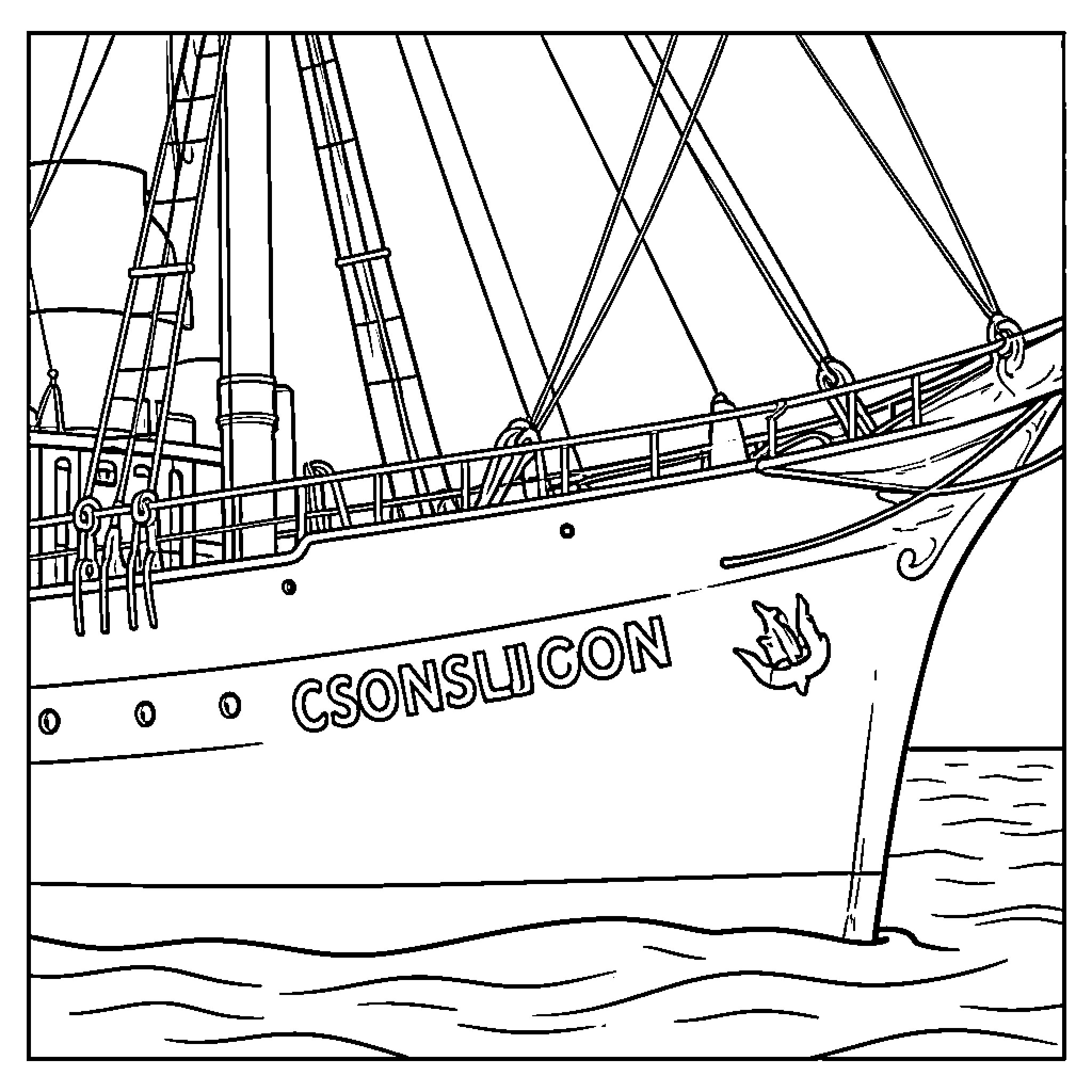 USS Constitution sailing through the ocean waves Coloring Page (free black-and-white line drawing printable PDF for all, from beginners to advanced learners, including children, teens, adults, and seniors)