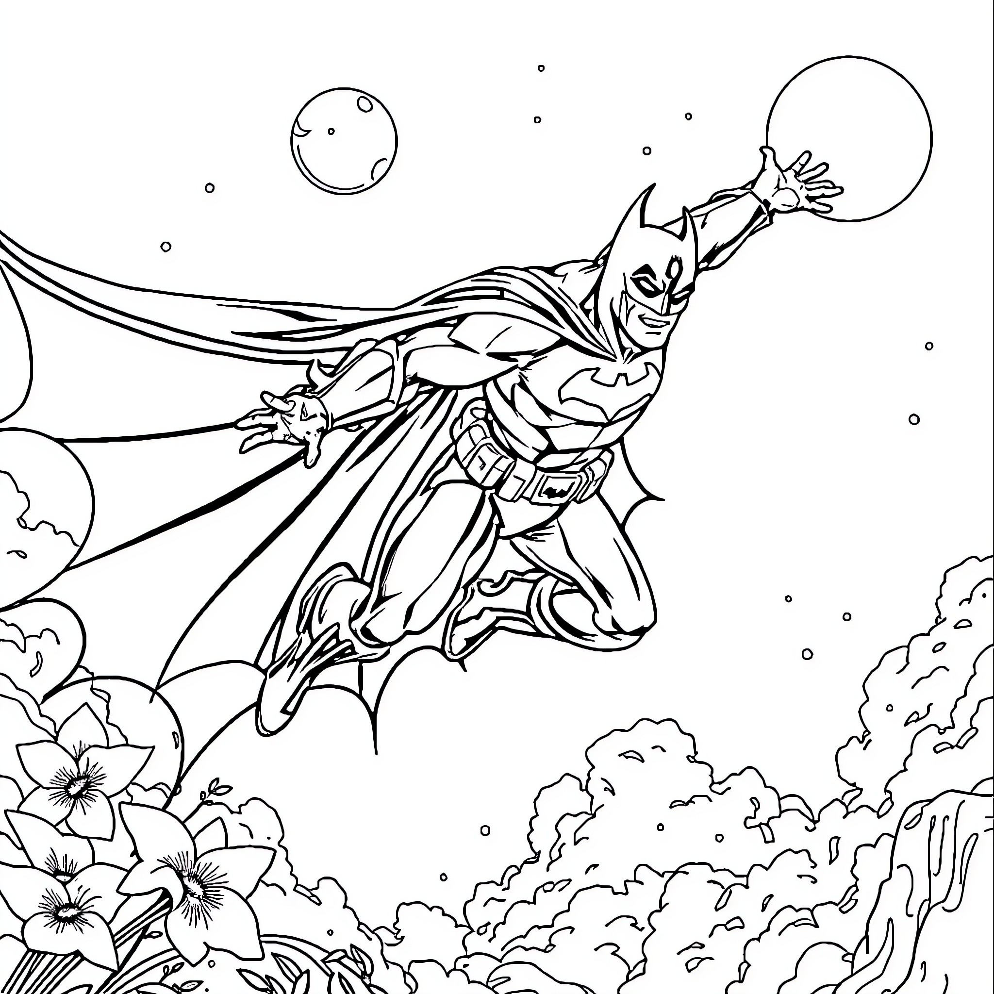 Batman soaring through the night sky Coloring Page (free black-and-white line drawing printable PDF for all, from beginners to advanced learners, including children, teens, adults, and seniors)