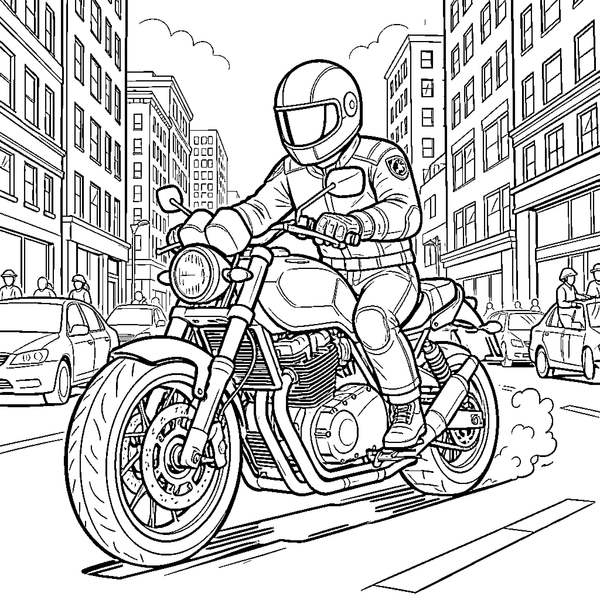 Motorcycle rider speeding through a busy city street Coloring Page (free black-and-white line drawing printable PDF for all, from beginners to advanced learners, including children, teens, adults, and seniors)