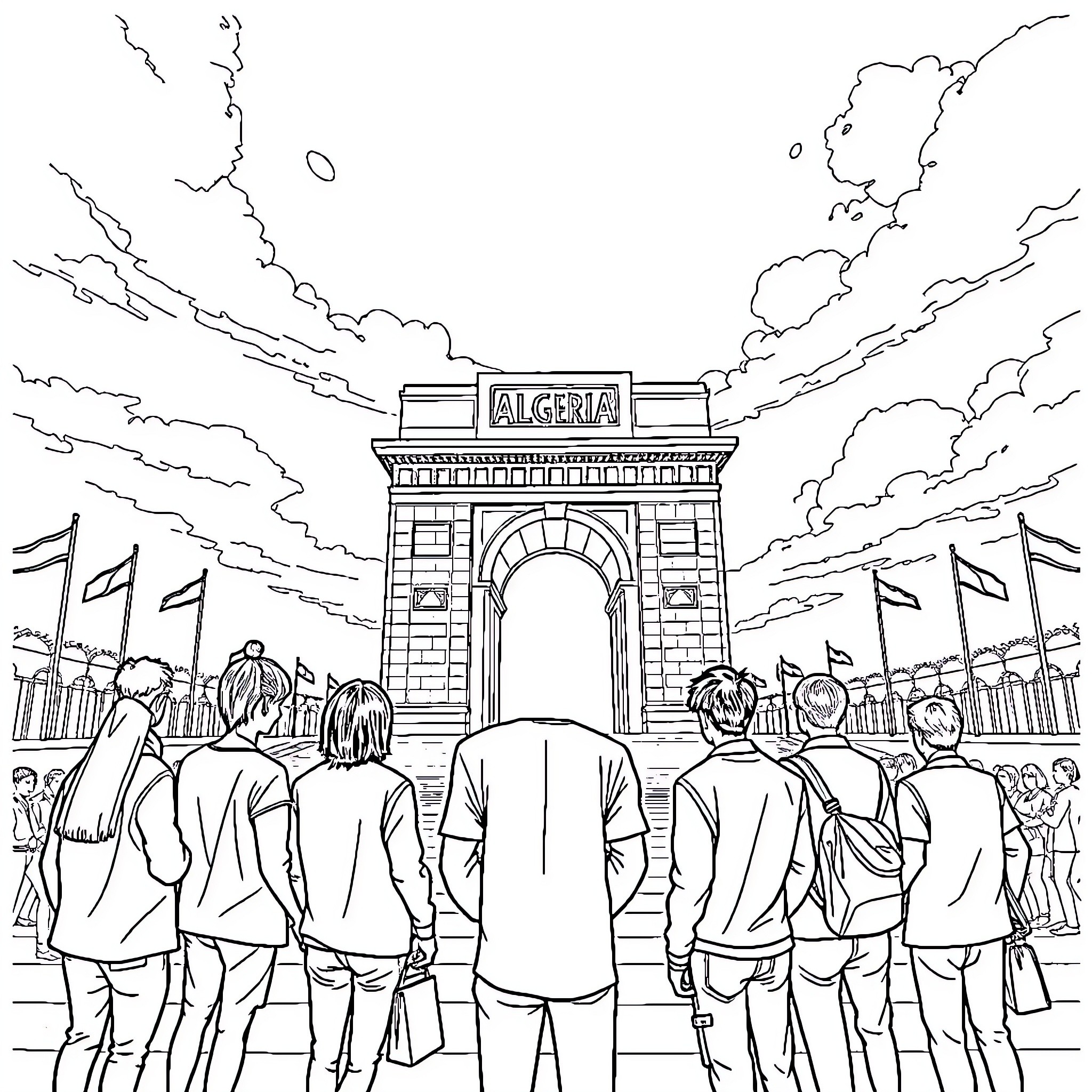 BTS members posing in front of an iconic landmark Coloring Page (free black-and-white line drawing printable PDF for all, from beginners to advanced learners, including children, teens, adults, and seniors)