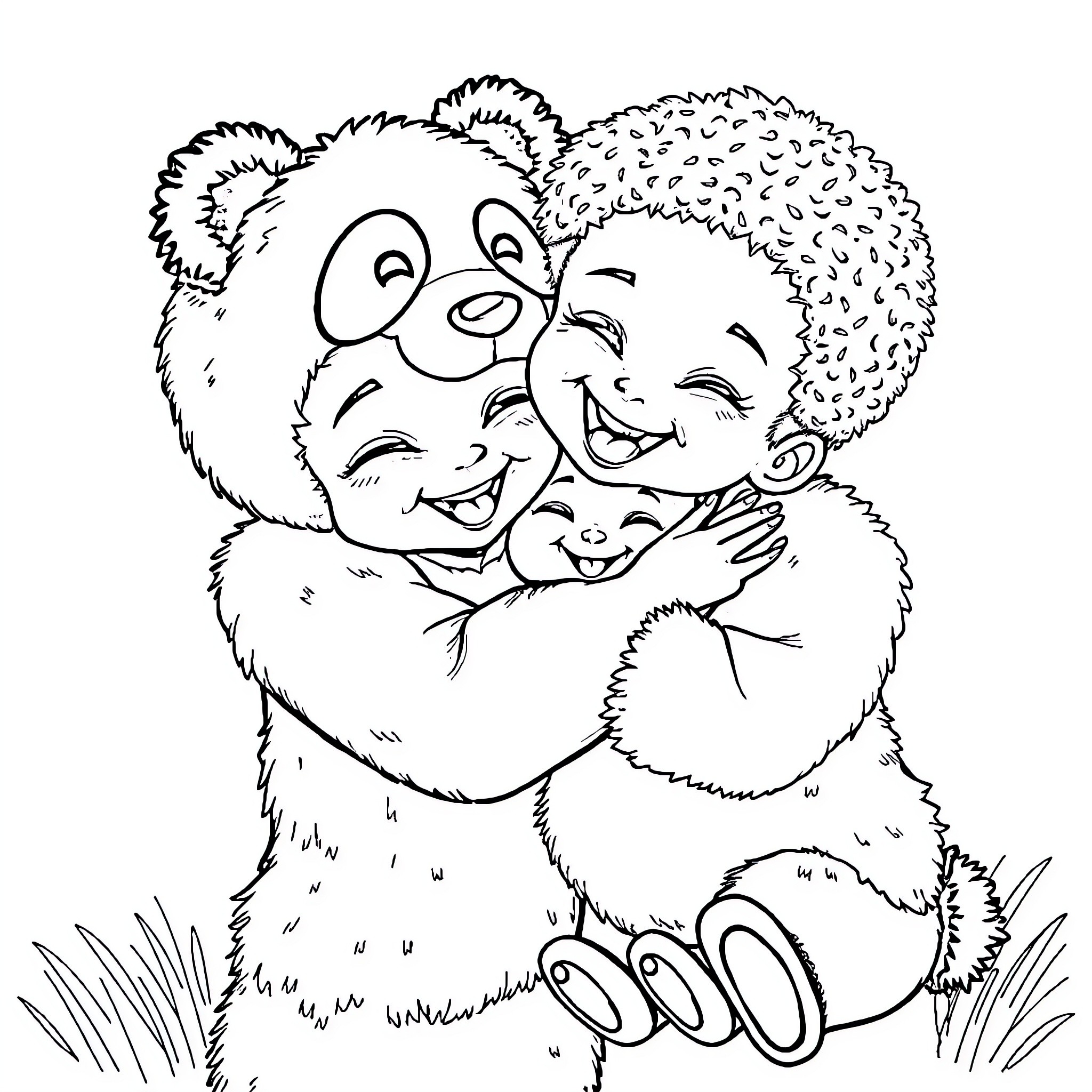 Panda bears sharing a loving embrace Coloring Page (free black-and-white line drawing printable PDF for all, from beginners to advanced learners, including children, teens, adults, and seniors)
