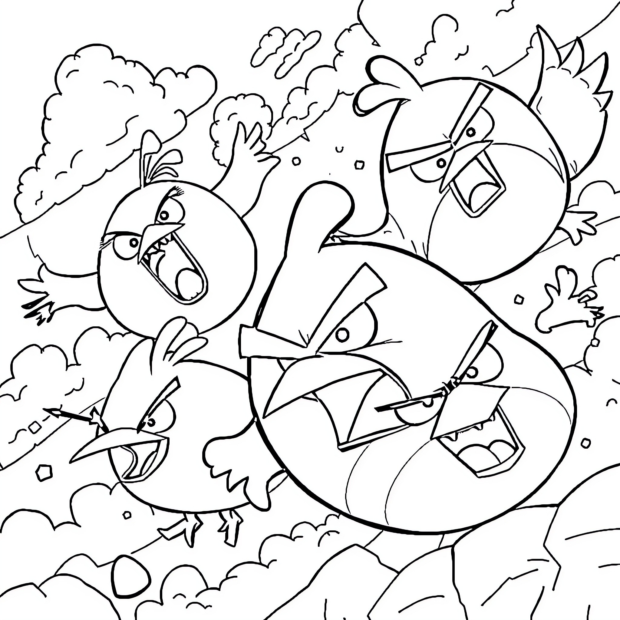 Birds engaged in humorous antics Coloring Page (free black-and-white line drawing printable PDF for all, from beginners to advanced learners, including children, teens, adults, and seniors)