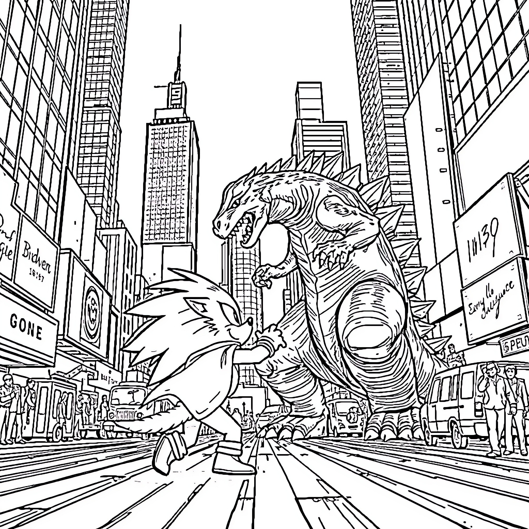 Hedgehog Heroes in Futuristic City Coloring Page (free black-and-white line drawing printable PDF for all, from beginners to advanced learners, including children, teens, adults, and seniors)