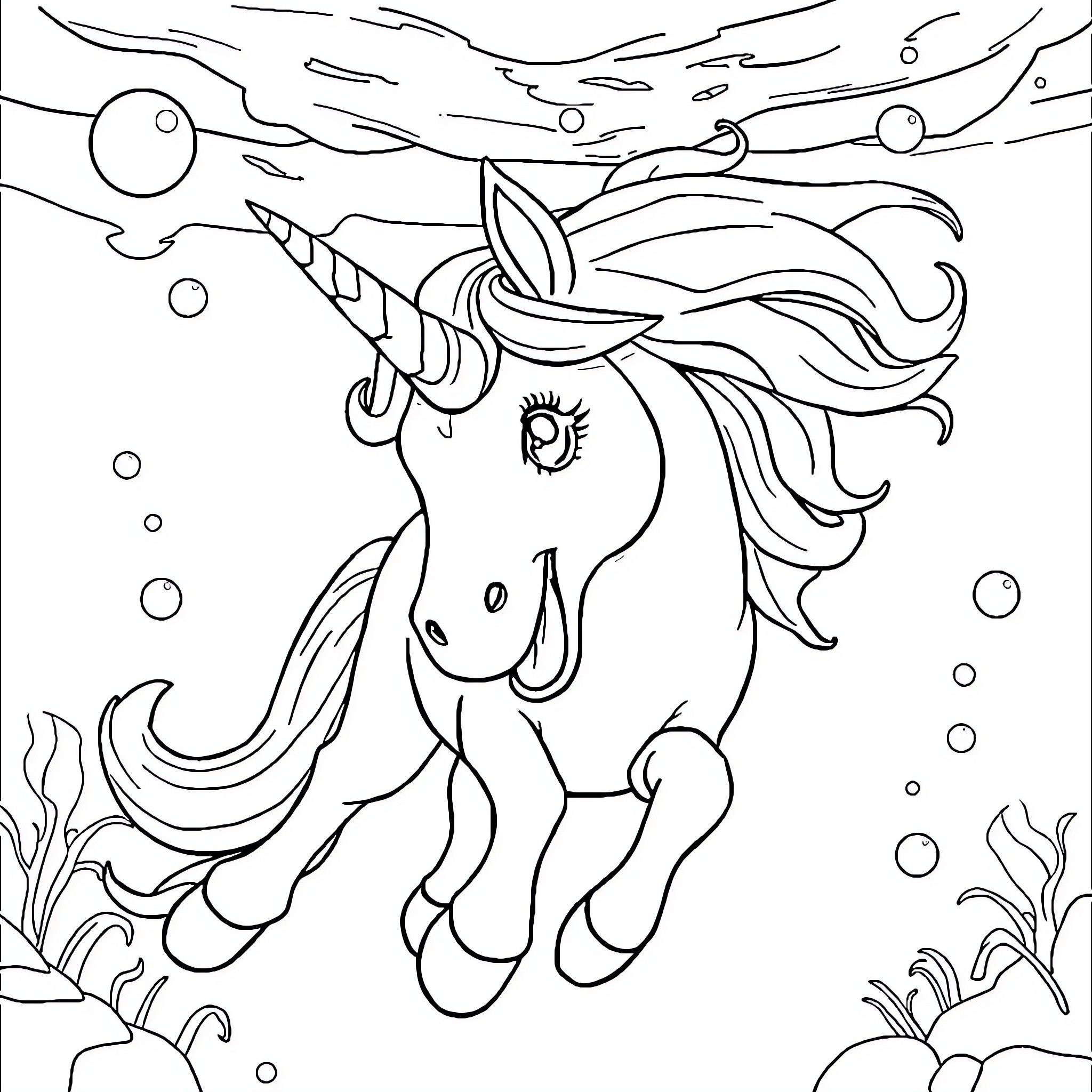 Unicorn swimming in the magical underwater world Coloring Page (free black-and-white line drawing printable PDF for all, from beginners to advanced learners, including children, teens, adults, and seniors)