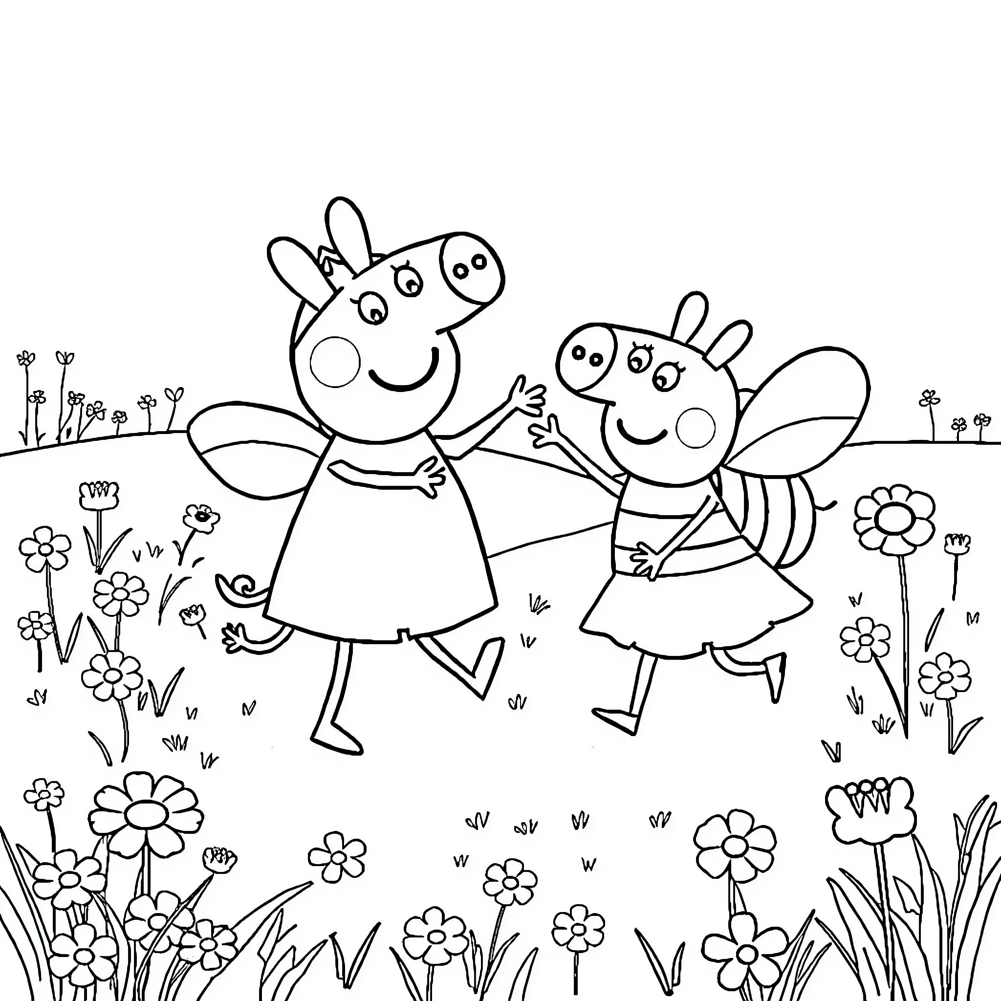 Peppa and friends explore the flower garden Coloring Page (free black-and-white line drawing printable PDF for all, from beginners to advanced learners, including children, teens, adults, and seniors)