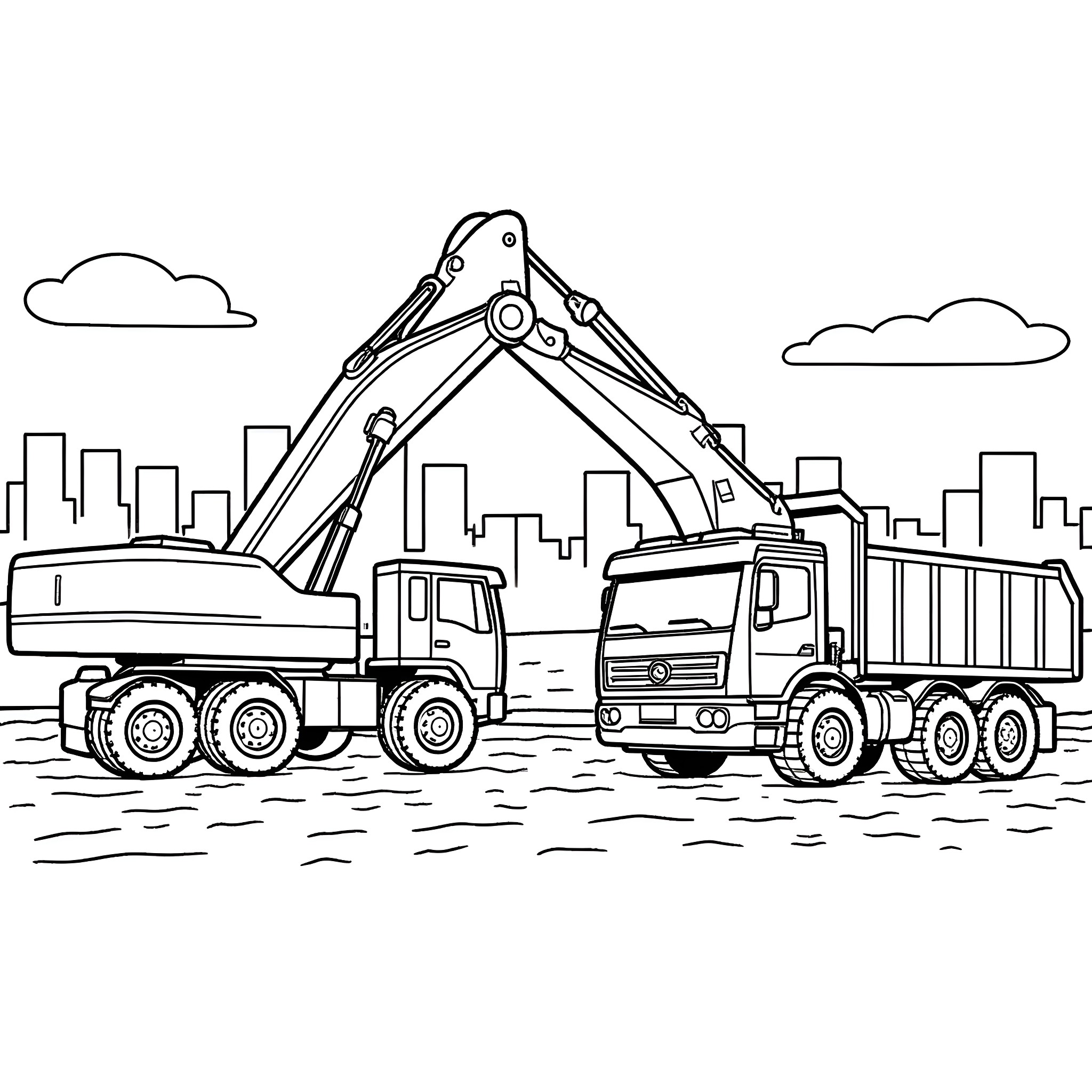 Truck loading debris on construction site Coloring Page (free black-and-white line drawing printable PDF for all, from beginners to advanced learners, including children, teens, adults, and seniors)