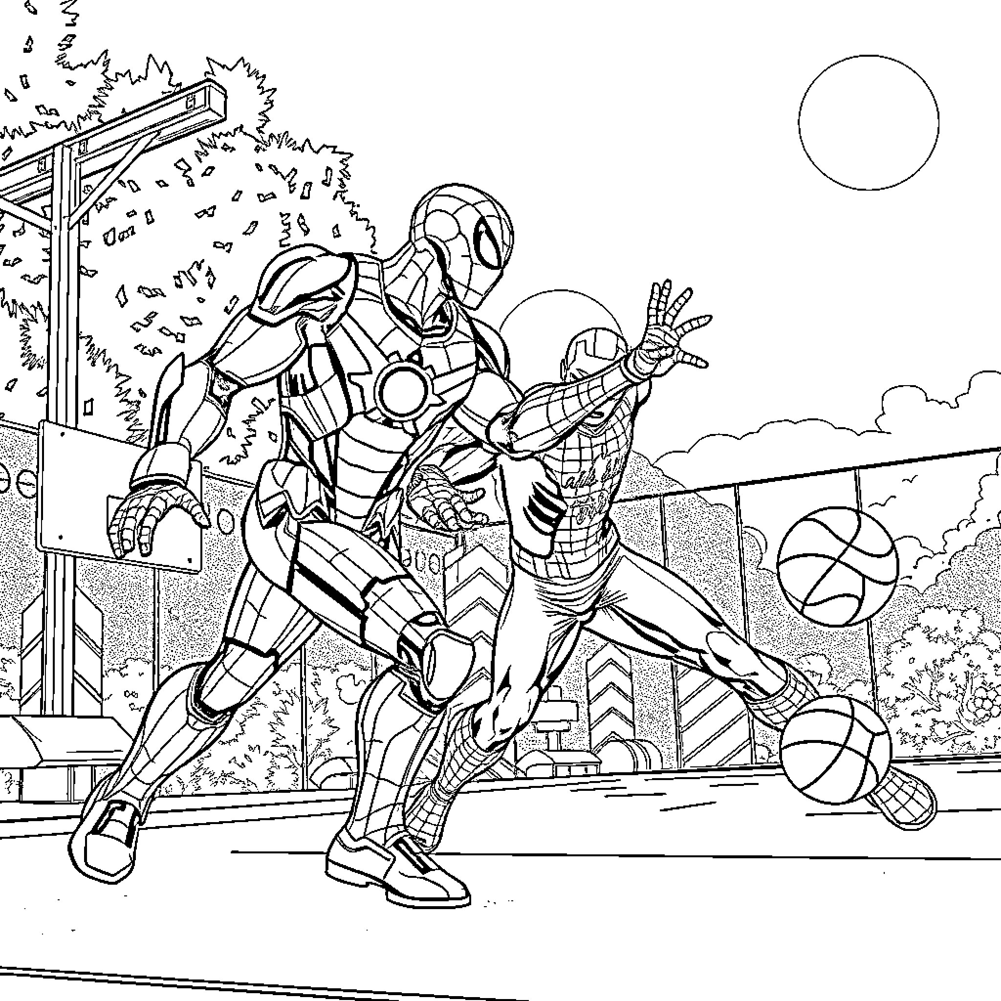 Spiderman and Iron Man play basketball on the court Coloring Page (free black-and-white line drawing printable PDF for all, from beginners to advanced learners, including children, teens, adults, and seniors)