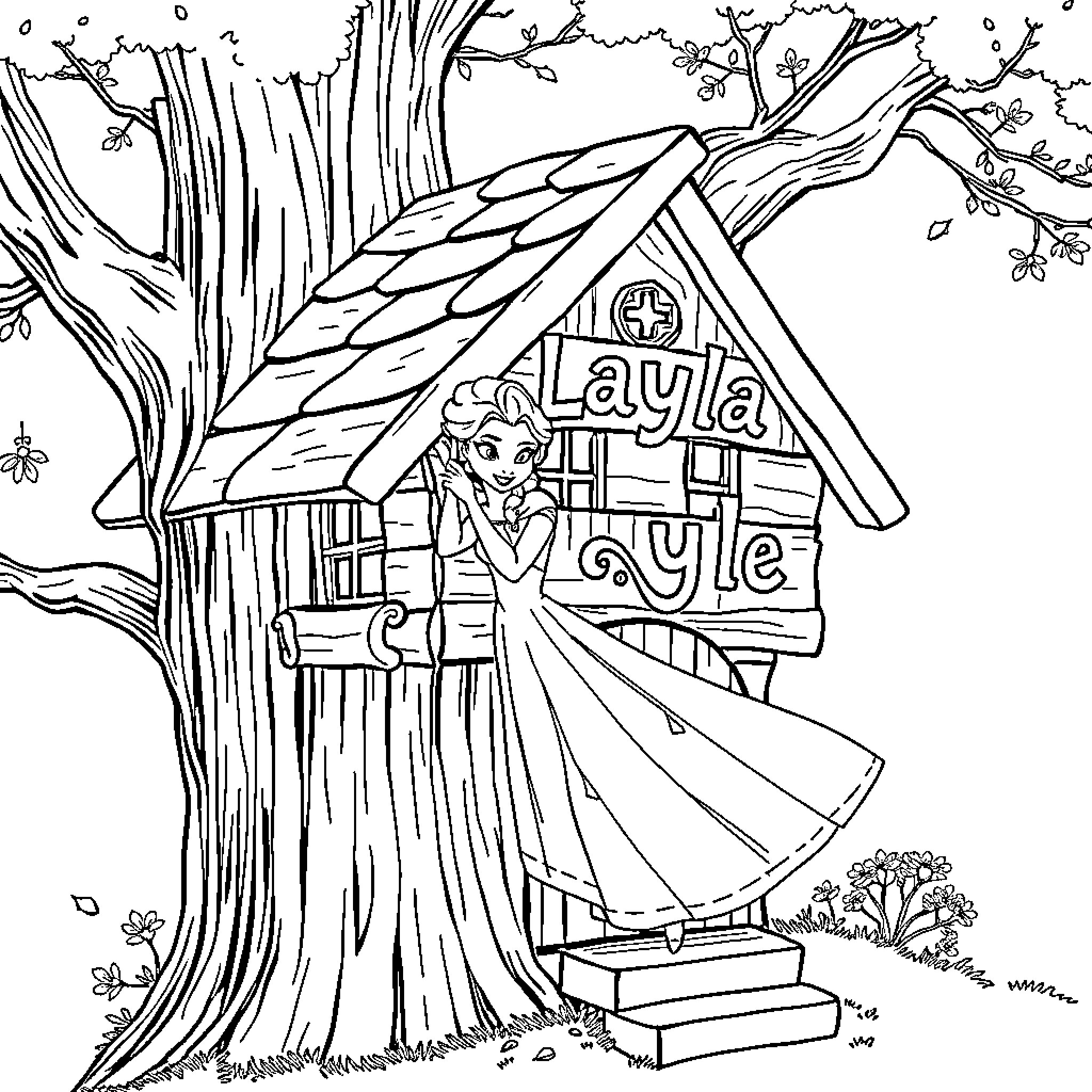 Elsa enjoying a day at her treehouse Coloring Page (free black-and-white line drawing printable PDF for all, from beginners to advanced learners, including children, teens, adults, and seniors)