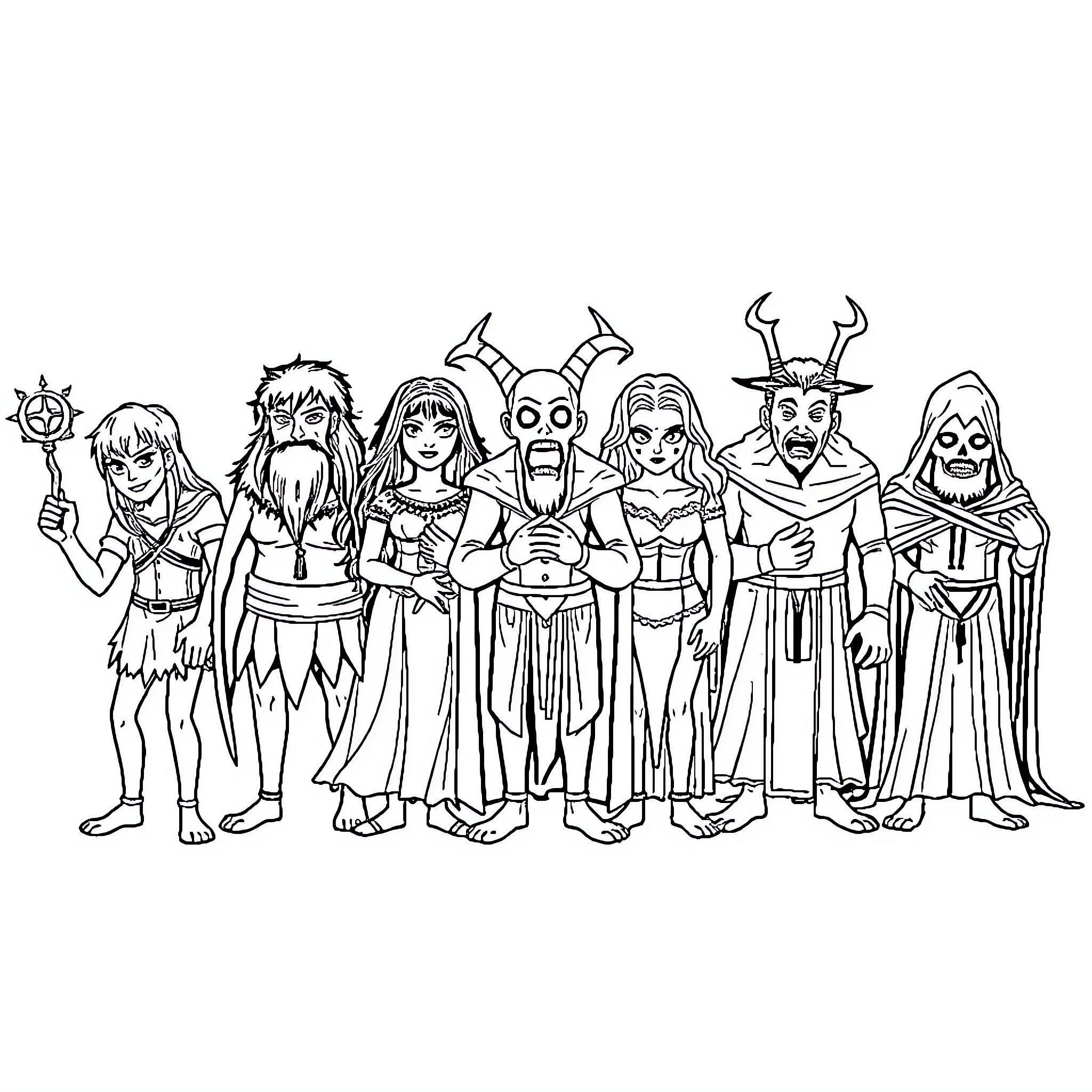 Deadly Sin: A Gathering of Fantastical Figures Coloring Page (free black-and-white line drawing printable PDF for all, from beginners to advanced learners, including children, teens, adults, and seniors)