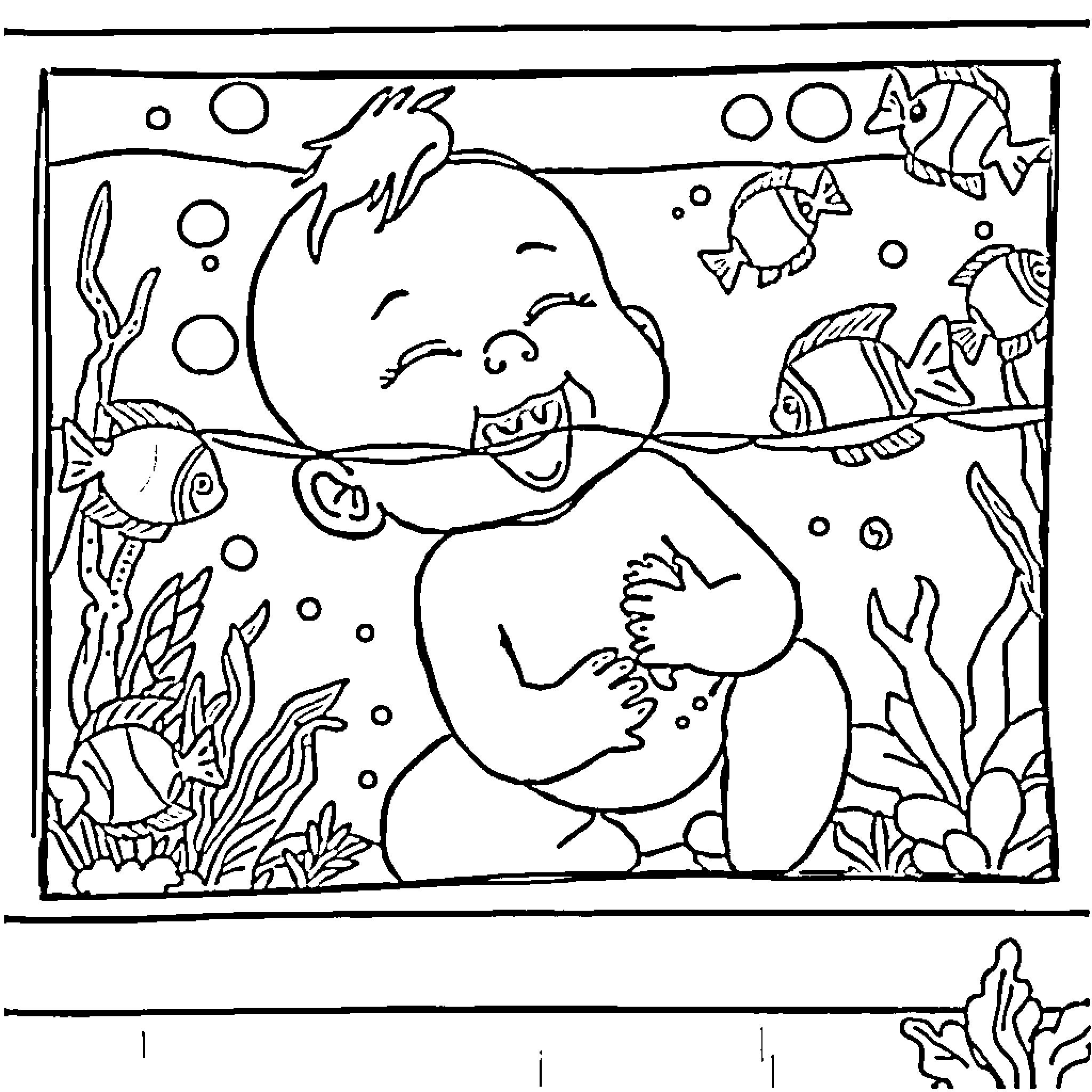 Baby exploring the underwater world Coloring Page (free black-and-white line drawing printable PDF for all, from beginners to advanced learners, including children, teens, adults, and seniors)