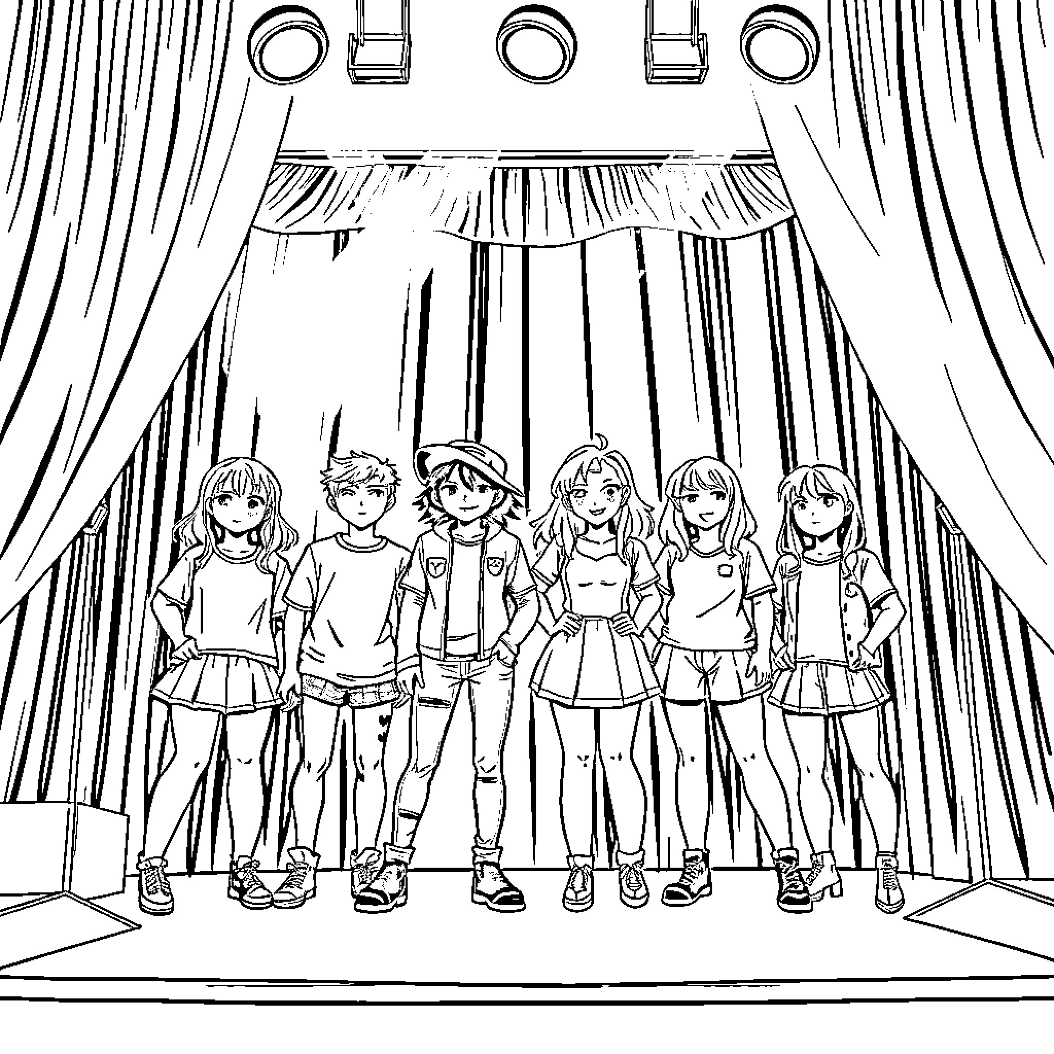 Katseye on stage with young performers Coloring Page (free black-and-white line drawing printable PDF for all, from beginners to advanced learners, including children, teens, adults, and seniors)