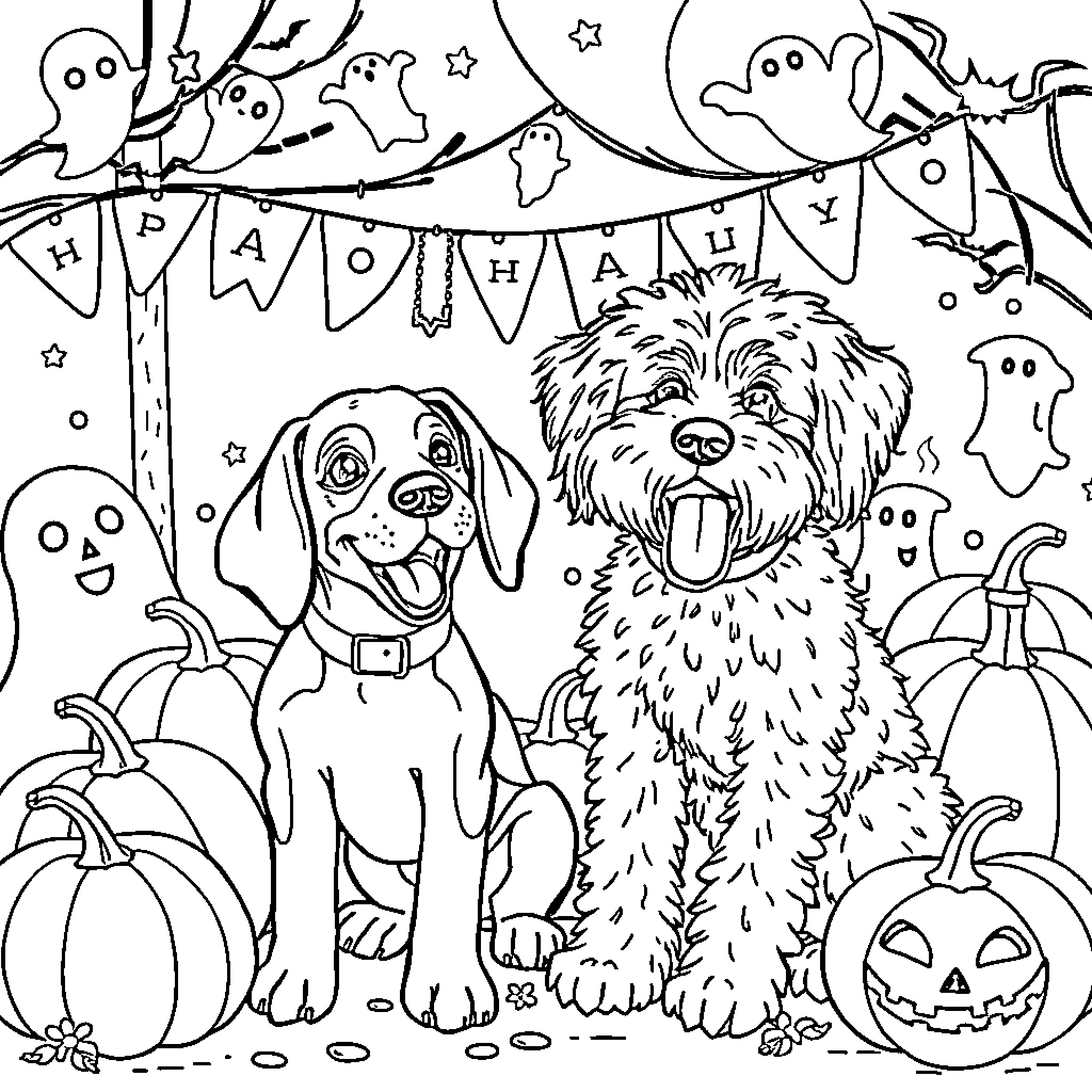 Dog friends celebrate Halloween happily Coloring Page (free black-and-white line drawing printable PDF for all, from beginners to advanced learners, including children, teens, adults, and seniors)